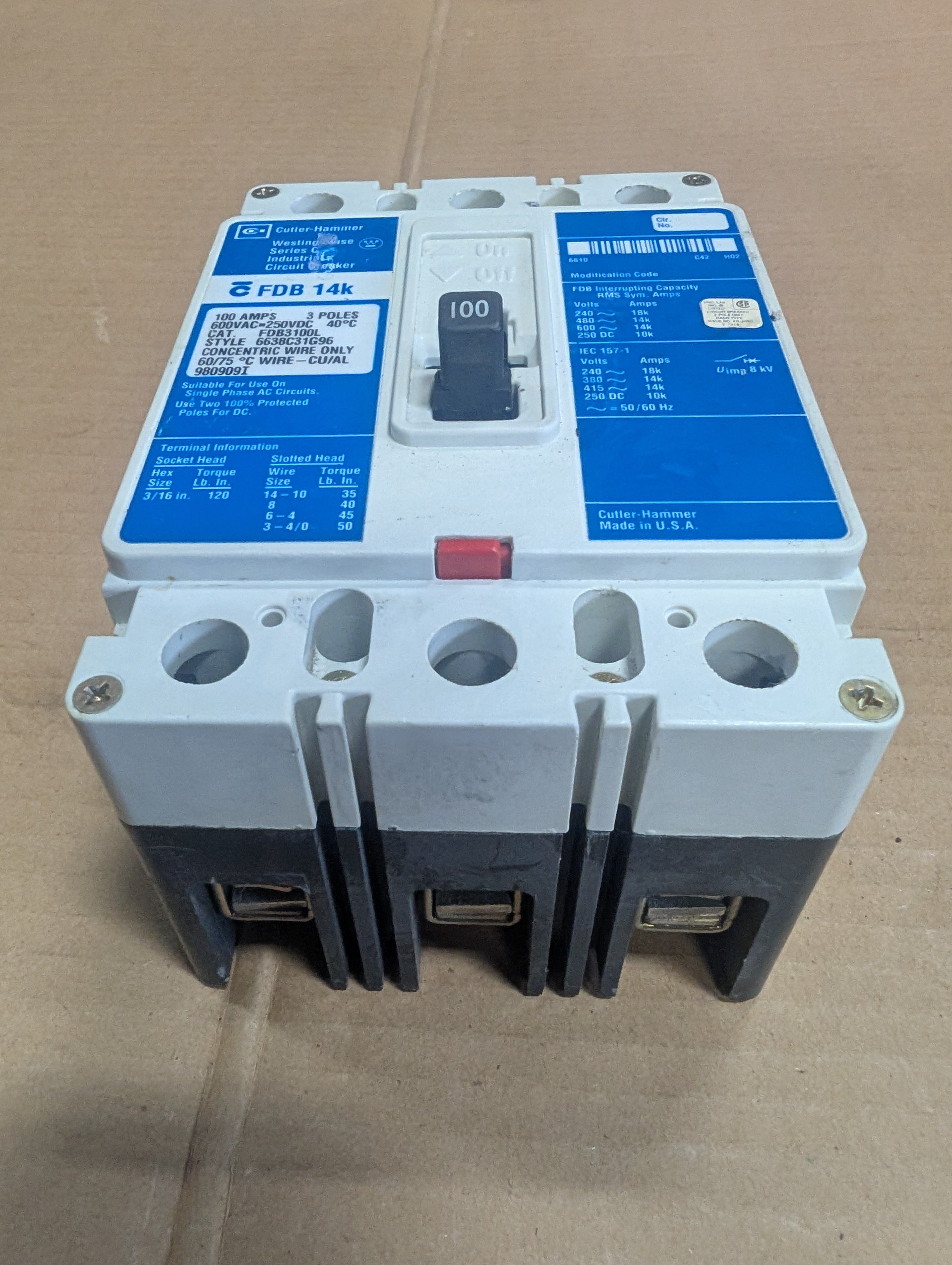Eaton FDB3100L 600V 100A Circuit Breaker 6638C31G96 3 Pole 250 VDC Used