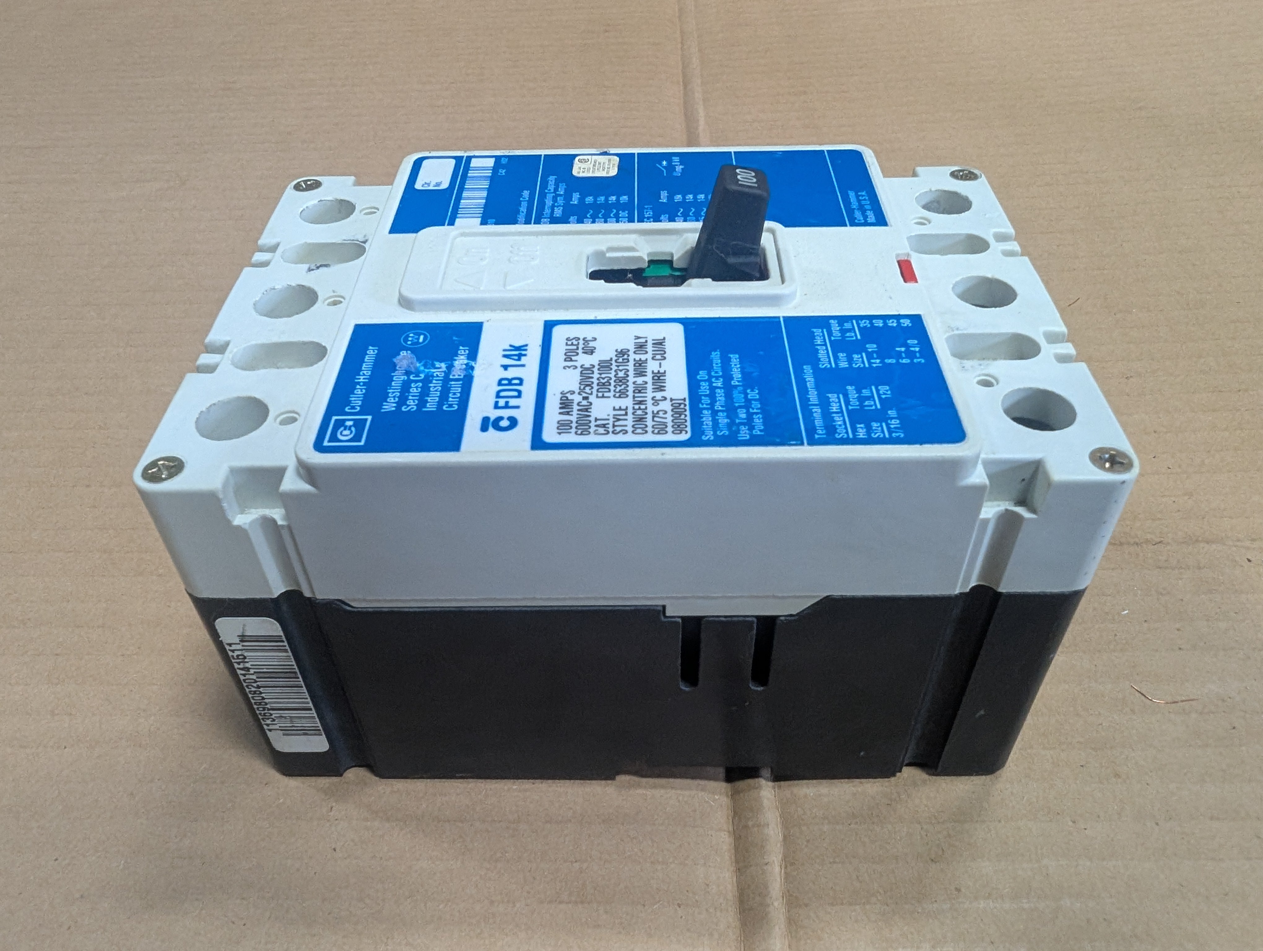 Eaton FDB3100L 600V 100A Circuit Breaker 6638C31G96 3 Pole 250 VDC Used