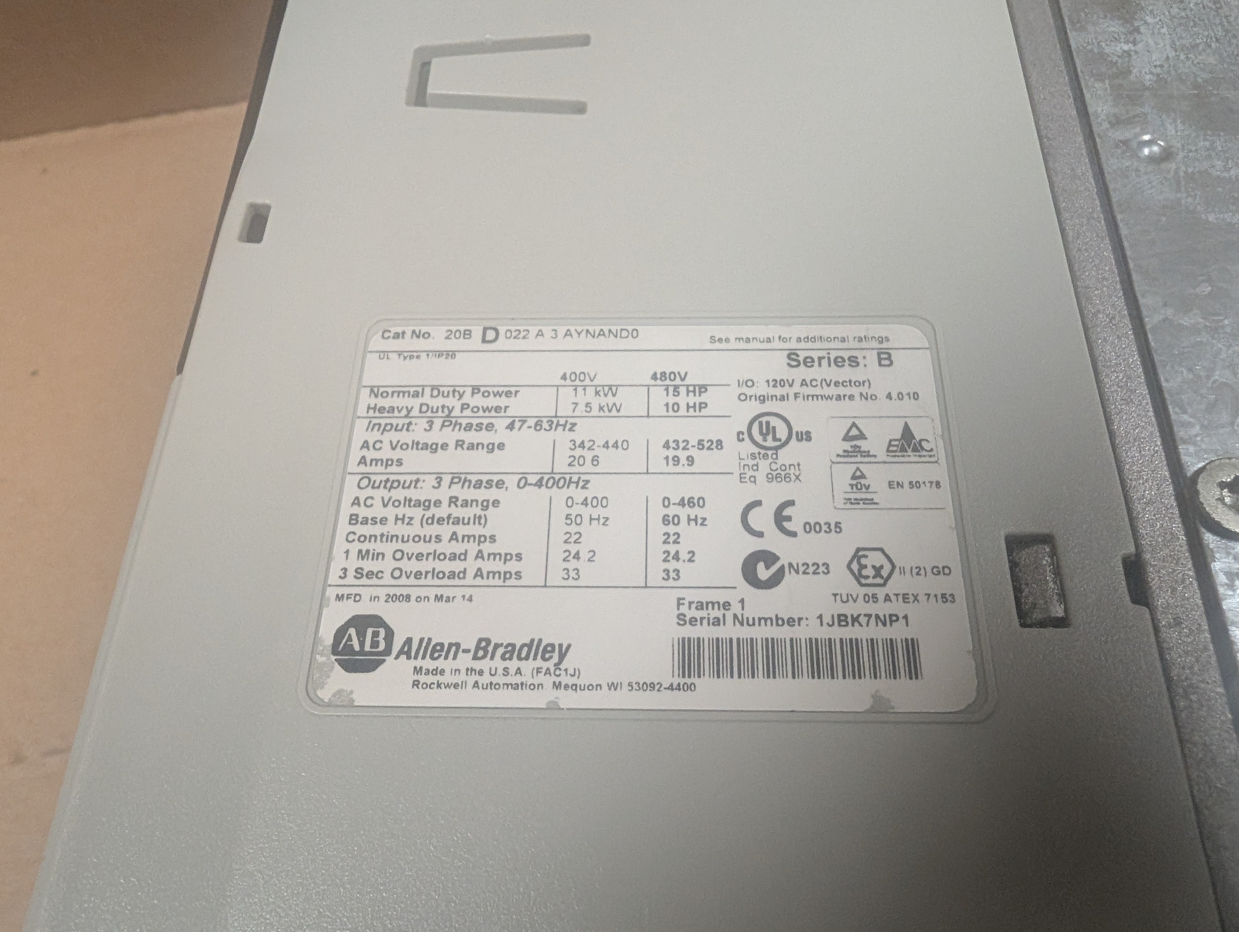 Allen Bradley 15 HP Powerflex 700 20BD022A3AYNAND0 Ser. B 480V 2A 4.010 Used