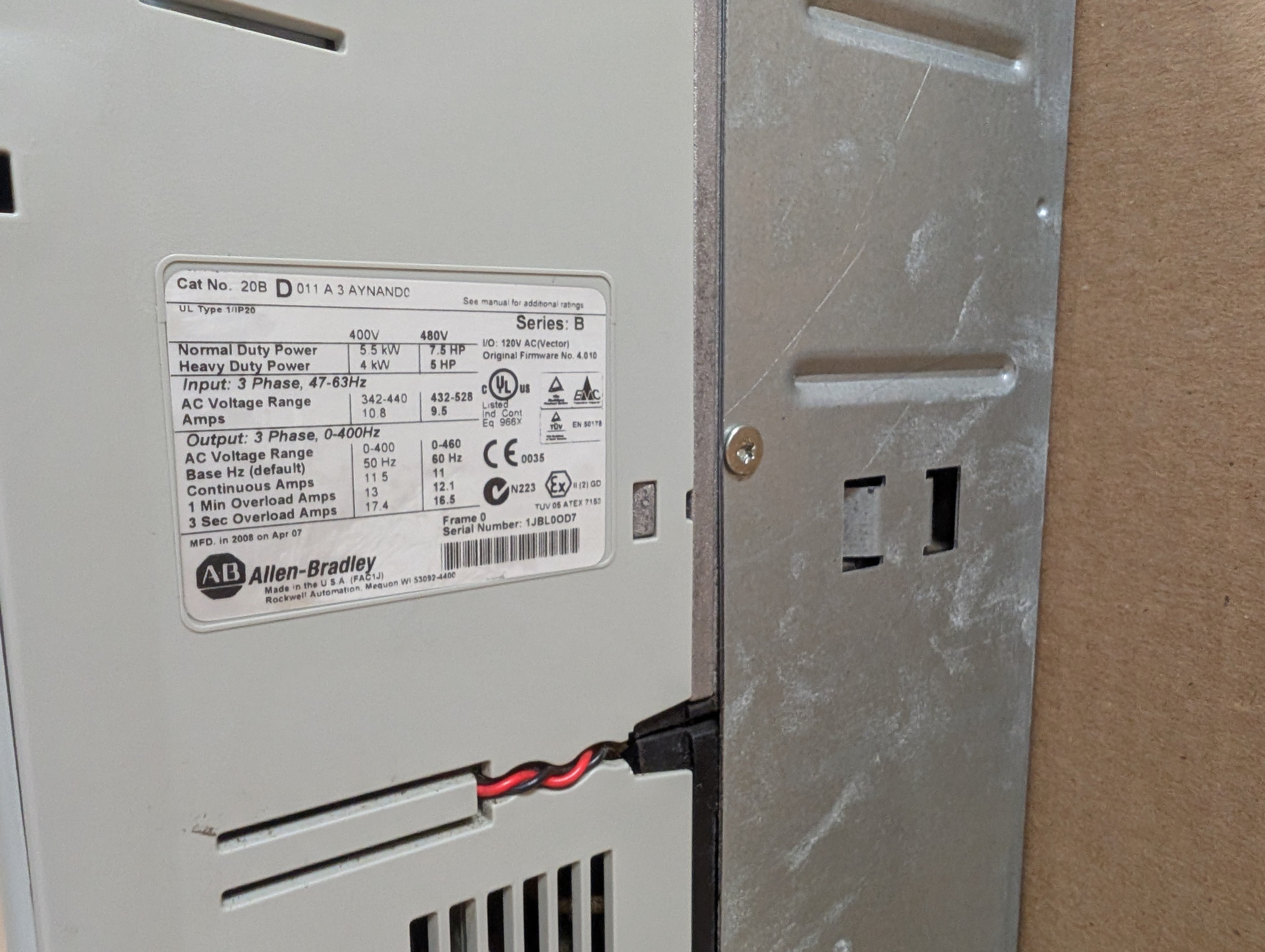 Allen Bradley 7.5 HP Powerflex 700 20BD011A3AYNAND0 Ser. B 480V 4.010 Used