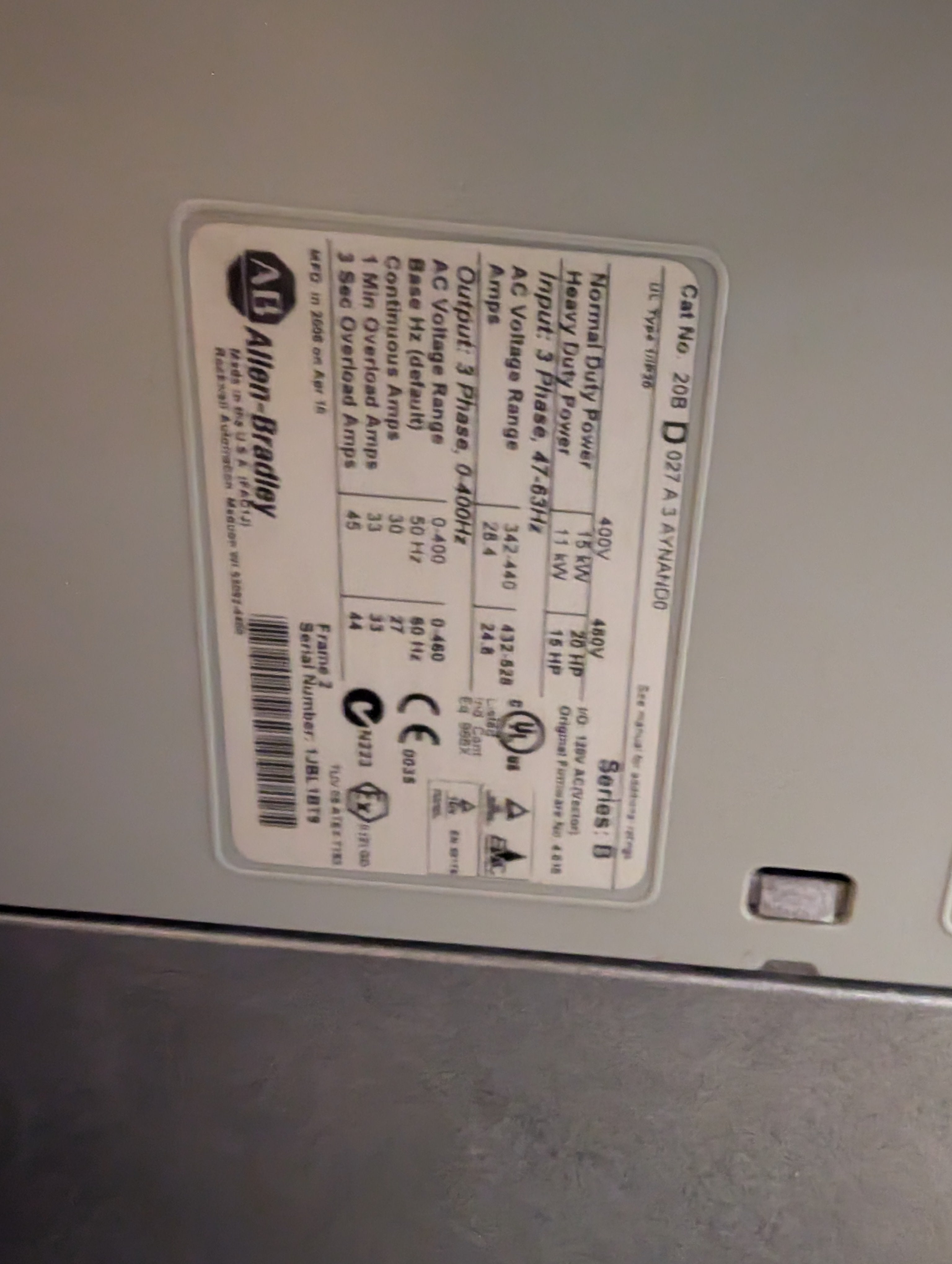 Allen Bradley 7.5 HP Powerflex 700 20BD011A3AYNAND0 Ser. B 480V 4.010 Used