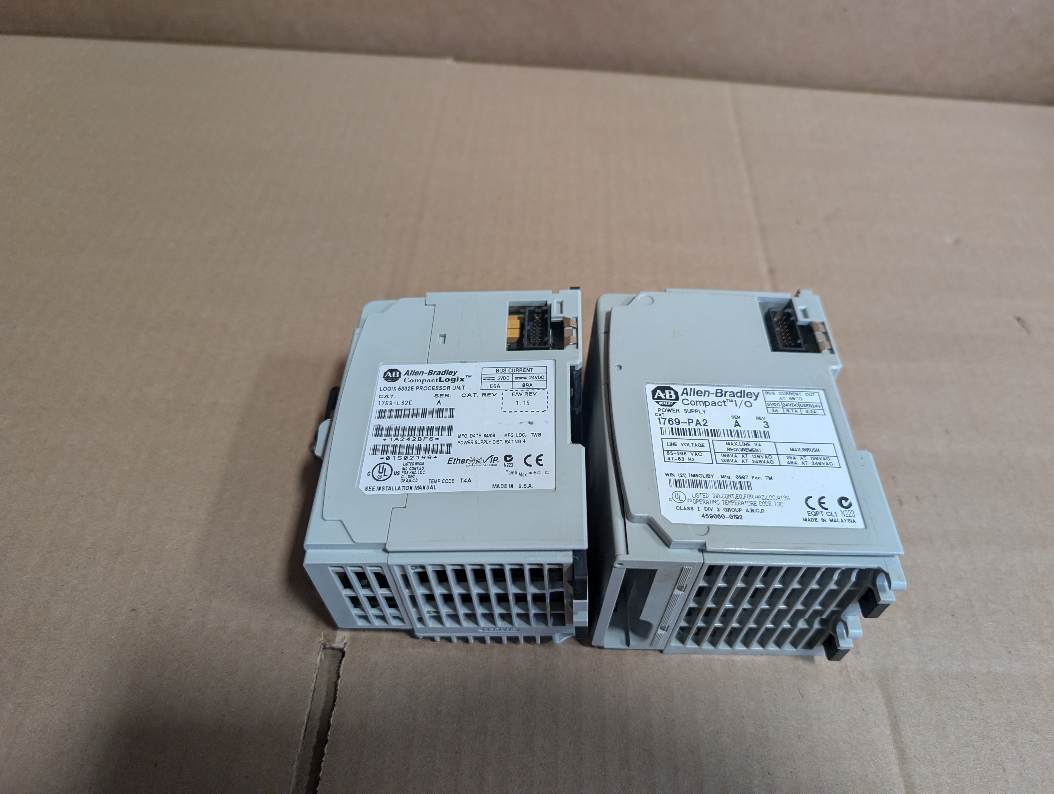Allen Bradley Logix 5332E Processor 1769-L32E, Ser A, Rev. 1.15, & PA-2 Used