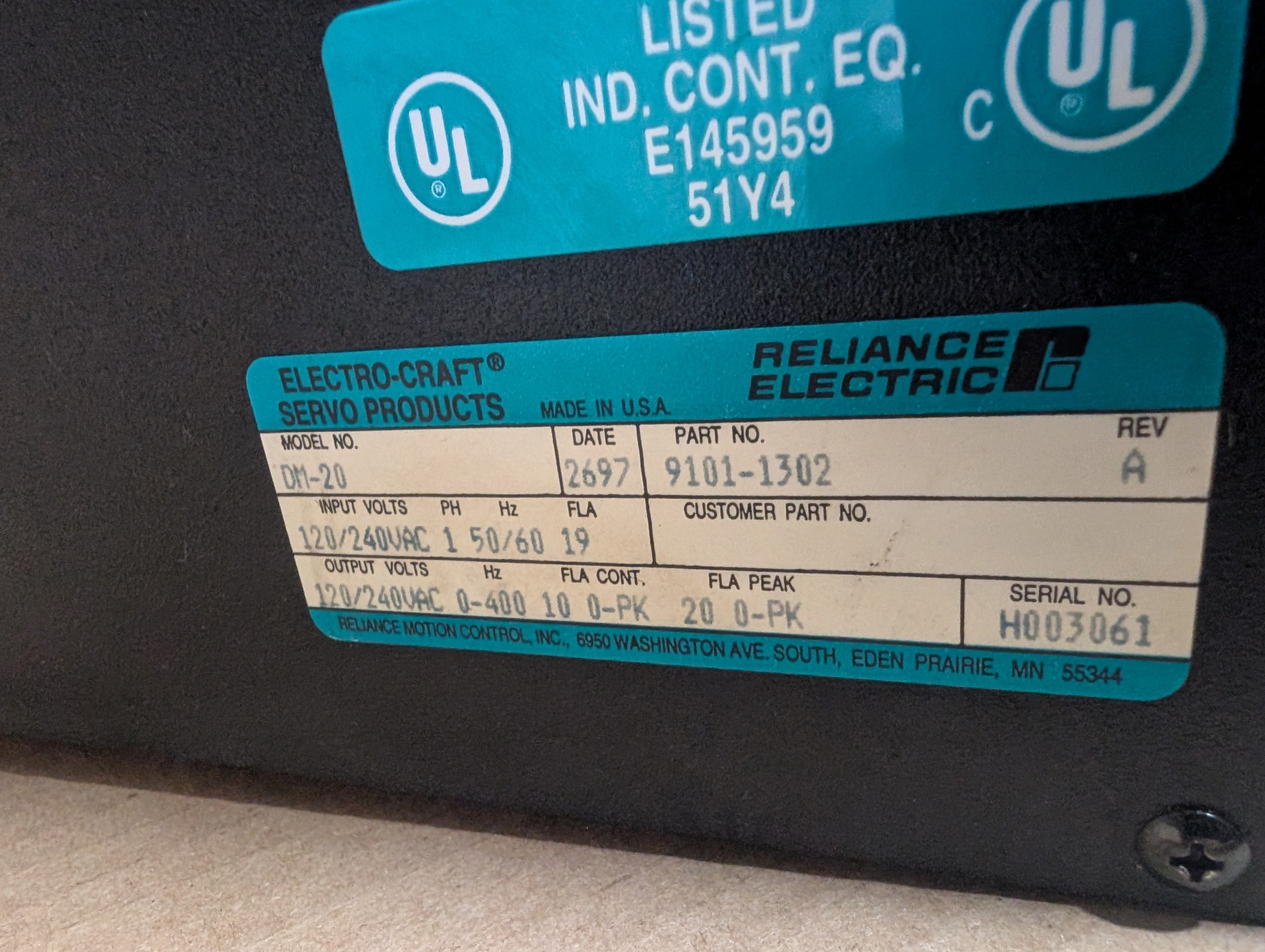 Electro-Craft BRU-200, #9101-1302, DM-20 Servo Drive Used