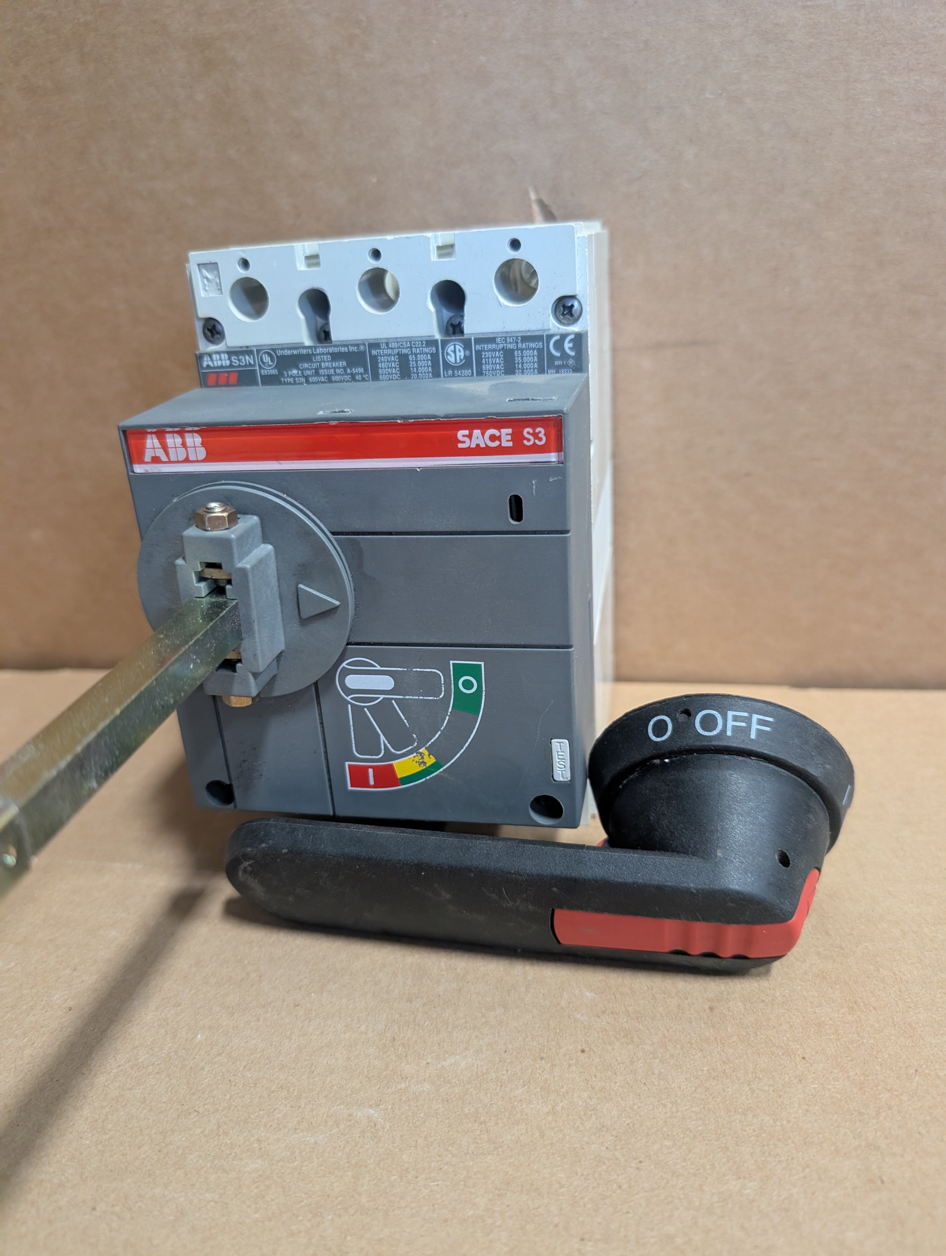 ABB SACE S3N 3-Pole 125A Circuit Breaker Disconnect w/ Rotary Handle Used