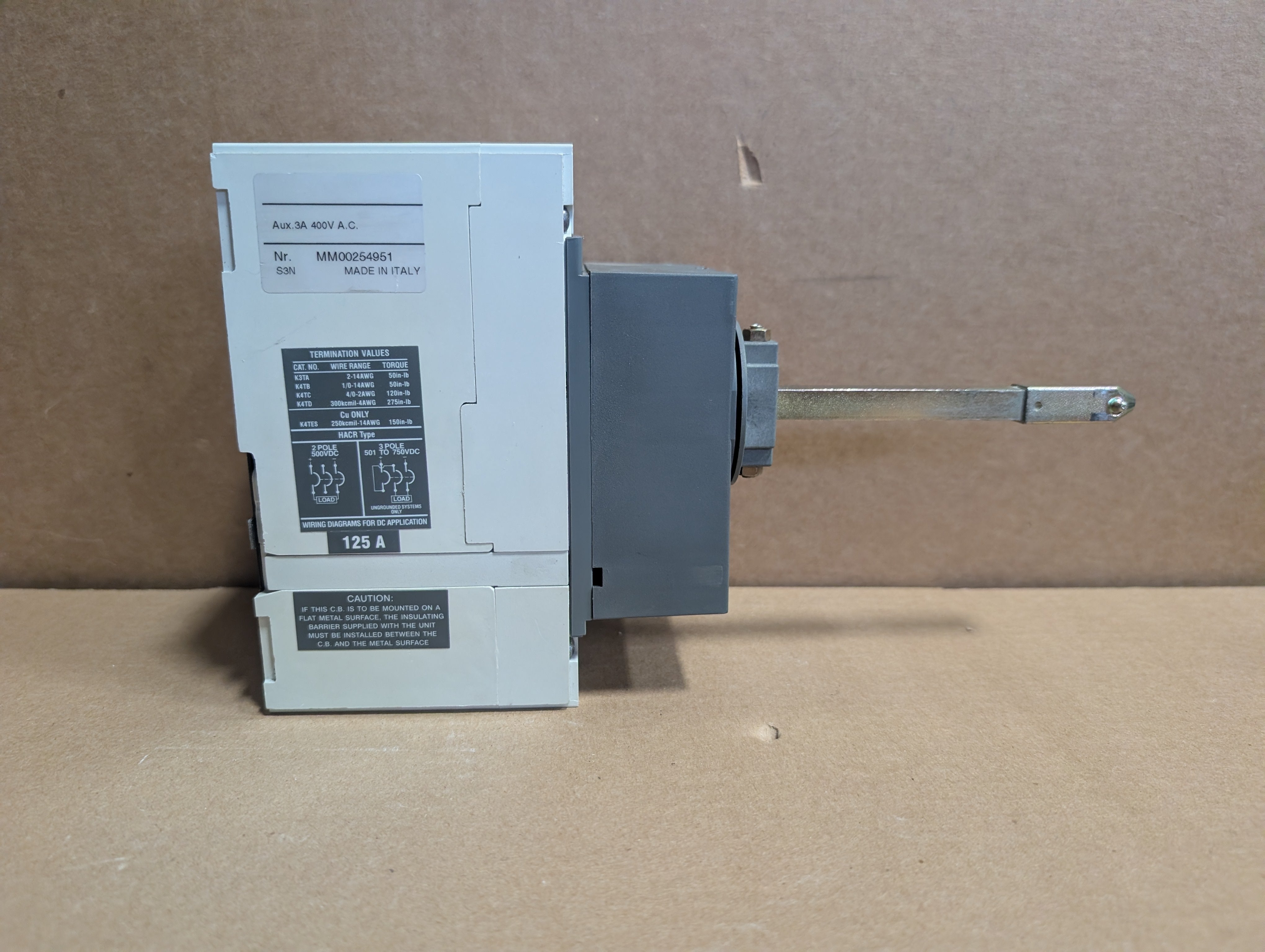 ABB SACE S3N 3-Pole 125A Circuit Breaker Disconnect w/ Rotary Handle Used