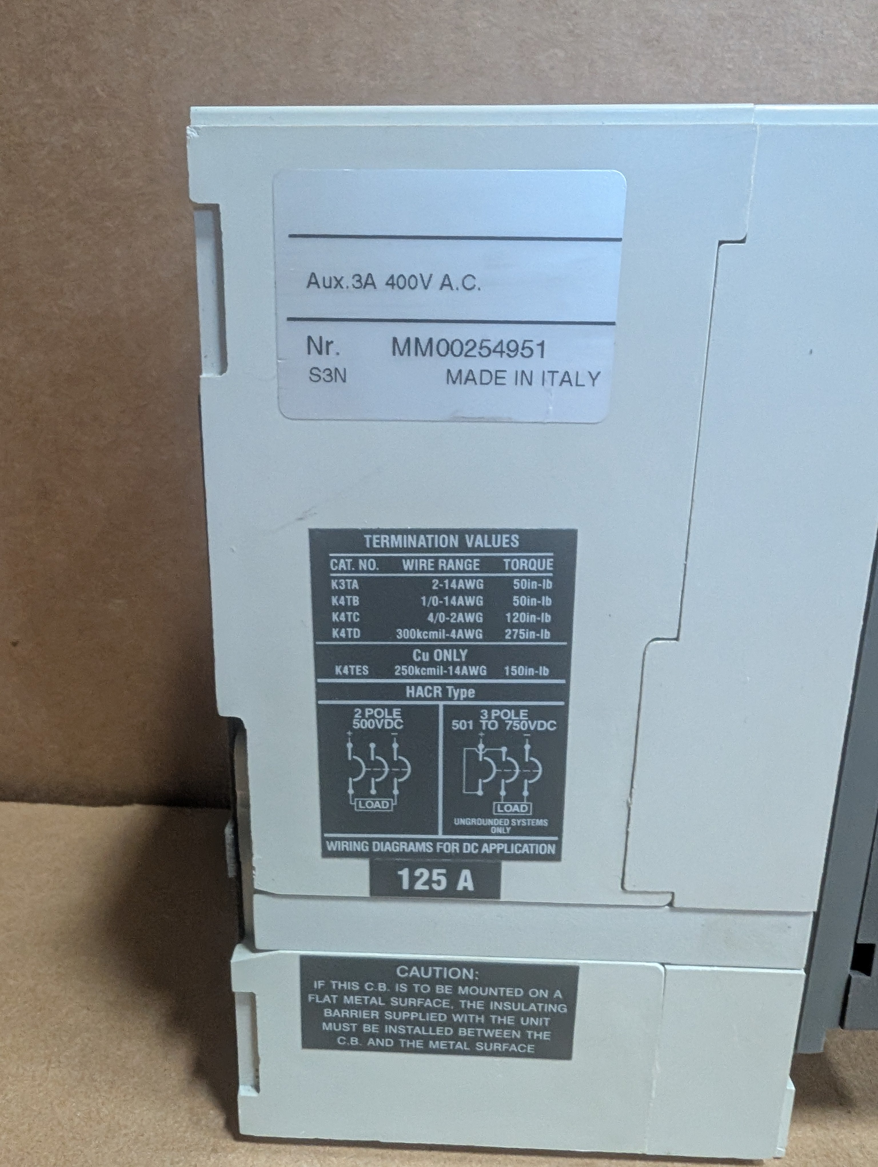 ABB SACE S3N 3-Pole 125A Circuit Breaker Disconnect w/ Rotary Handle Used