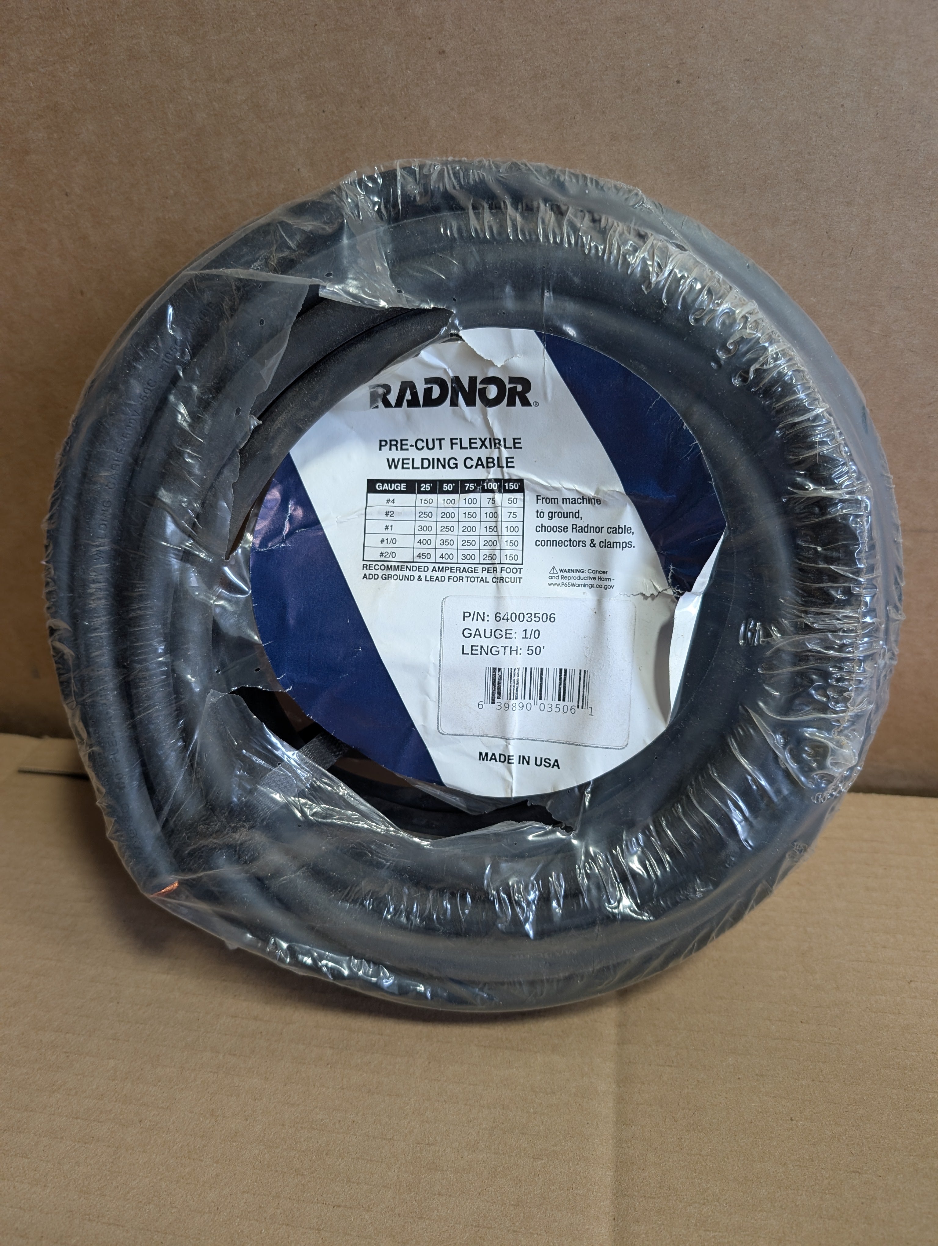 Radnor 64003506 Flexible Pre-Cut Welding Cable 1/0 Gauge 50 ft New