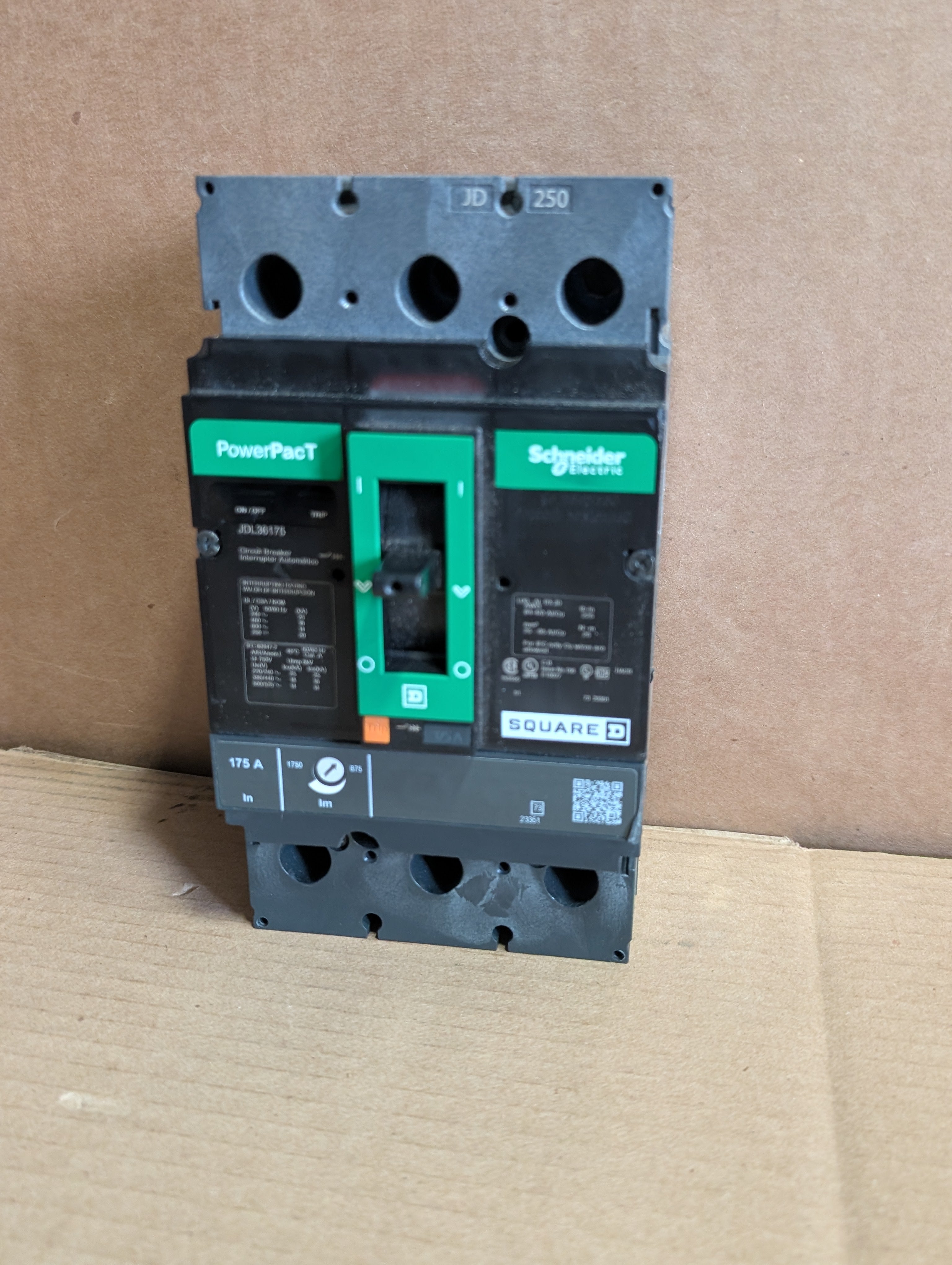 Square D JDL36175 3P 175 Amp Circuit Breaker PowerPacT, Schneider Used