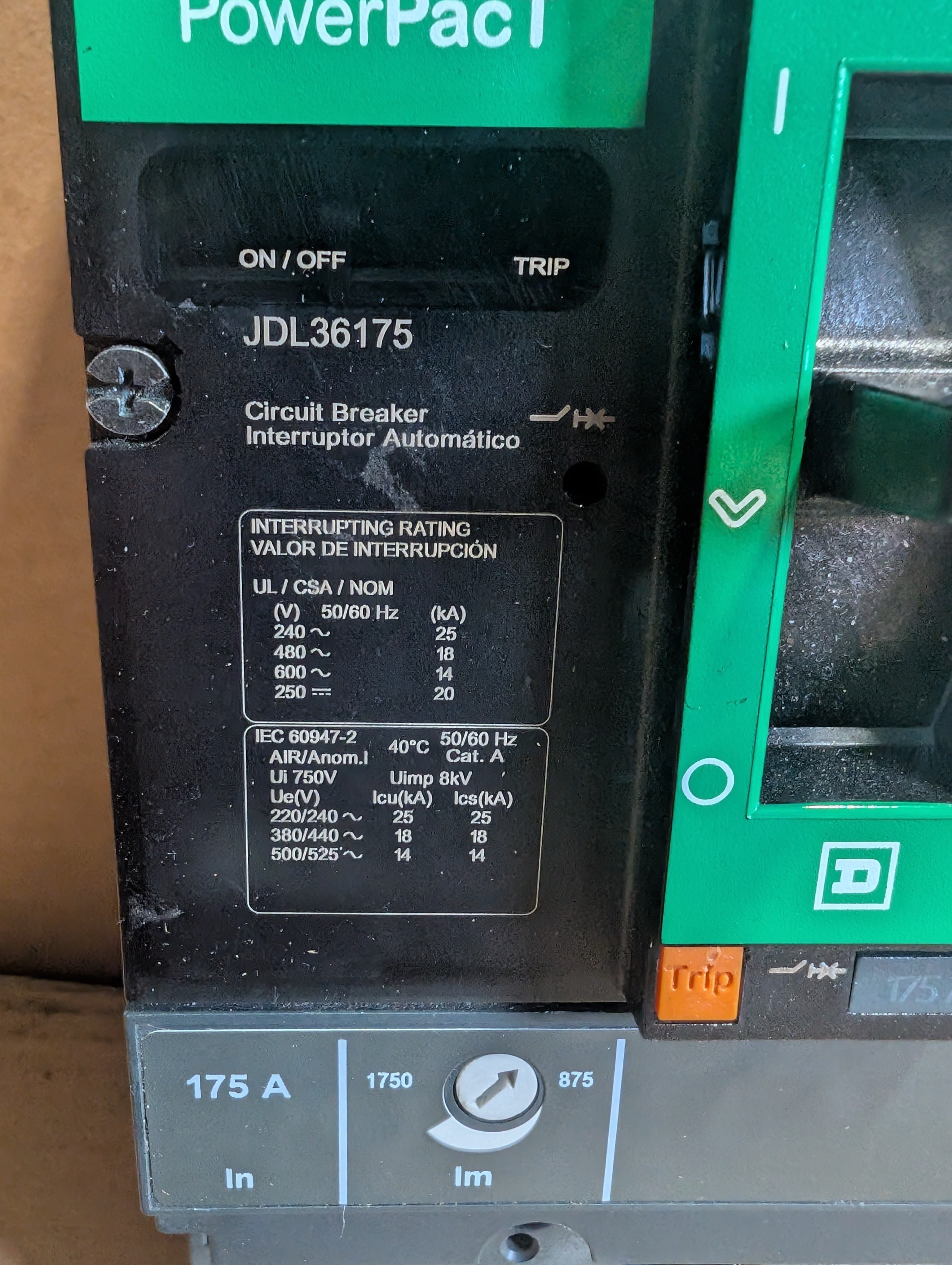 Square D JDL36175 3P 175 Amp Circuit Breaker PowerPacT, Schneider Used