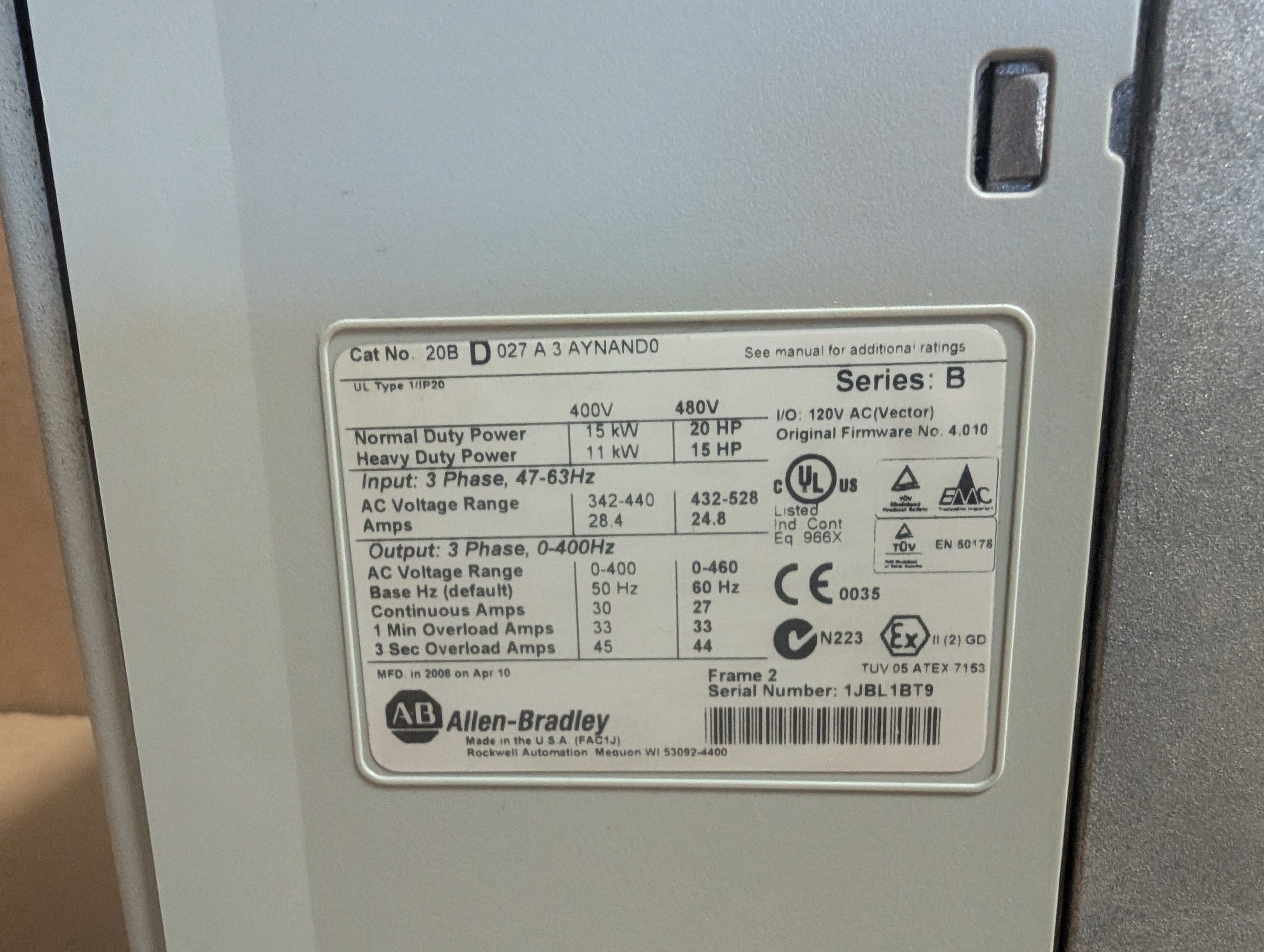 Allen Bradley 20 HP Powerflex 700 20BD027A3AYNAND0 Ser. B 480V 4.010 Used
