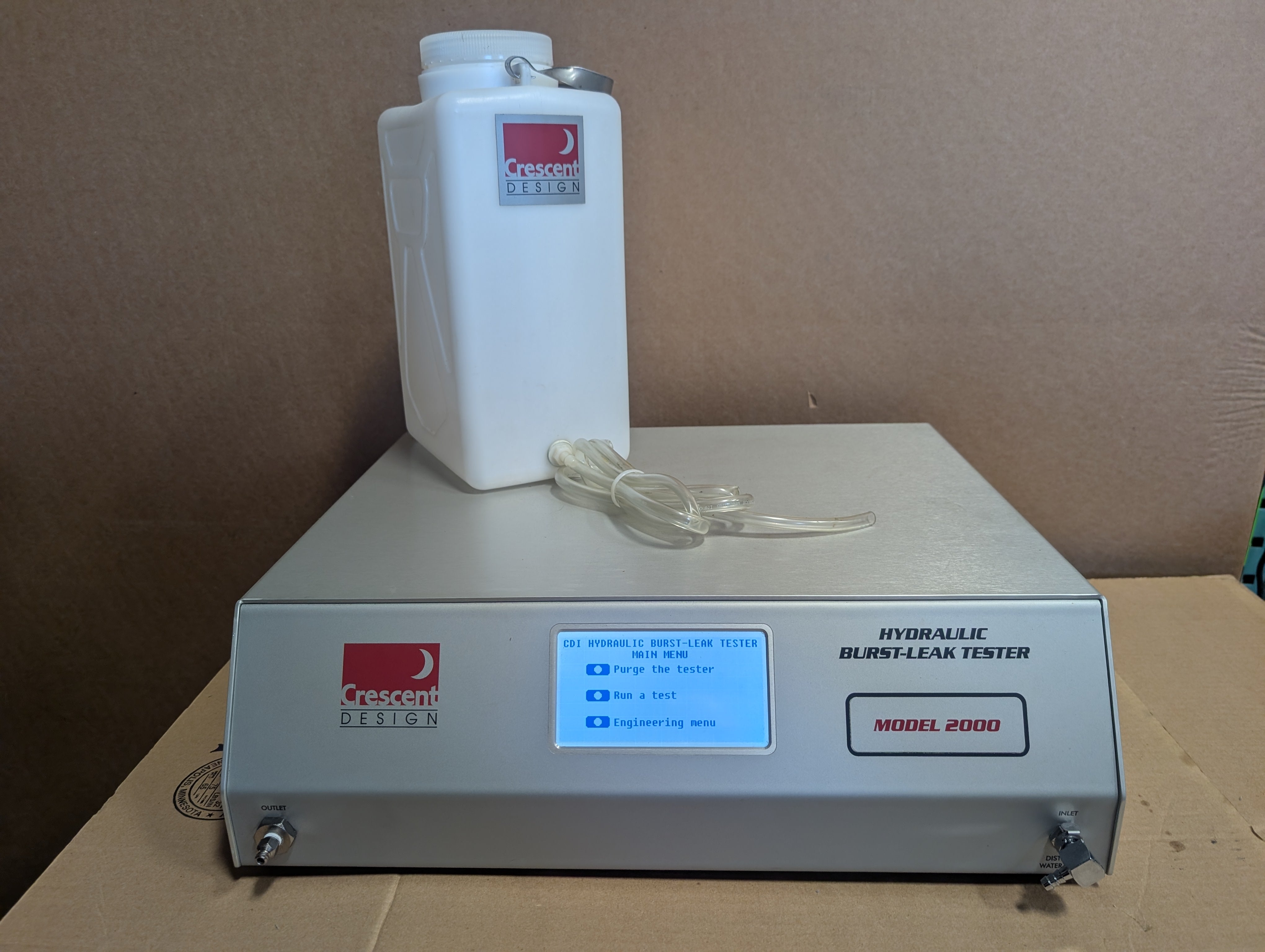 Crescent Design HBLT 2000 Hydraulic Burst and Leak Tester 2,000 psi Used