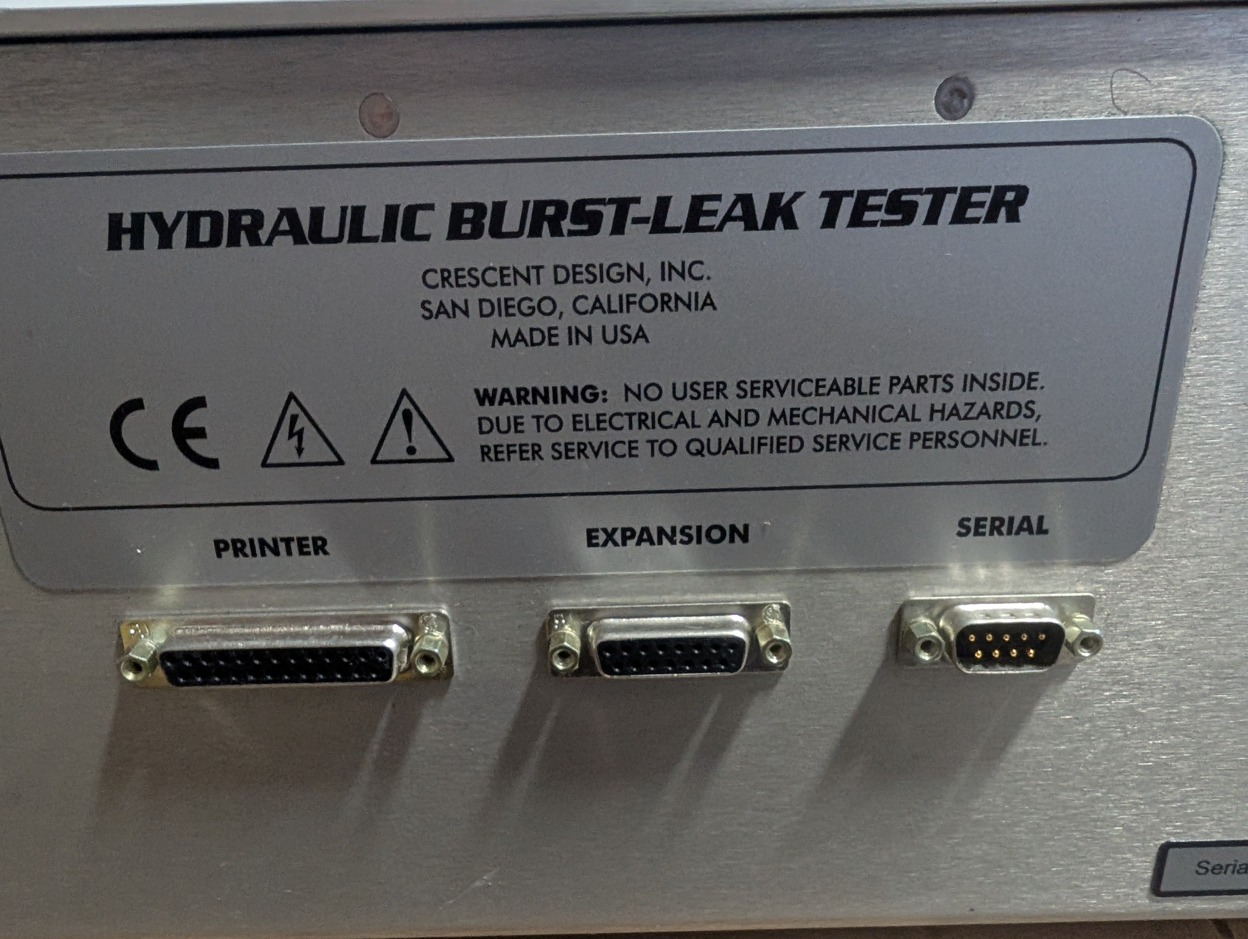 Crescent Design HBLT 2000 Hydraulic Burst and Leak Tester 2,000 psi Used