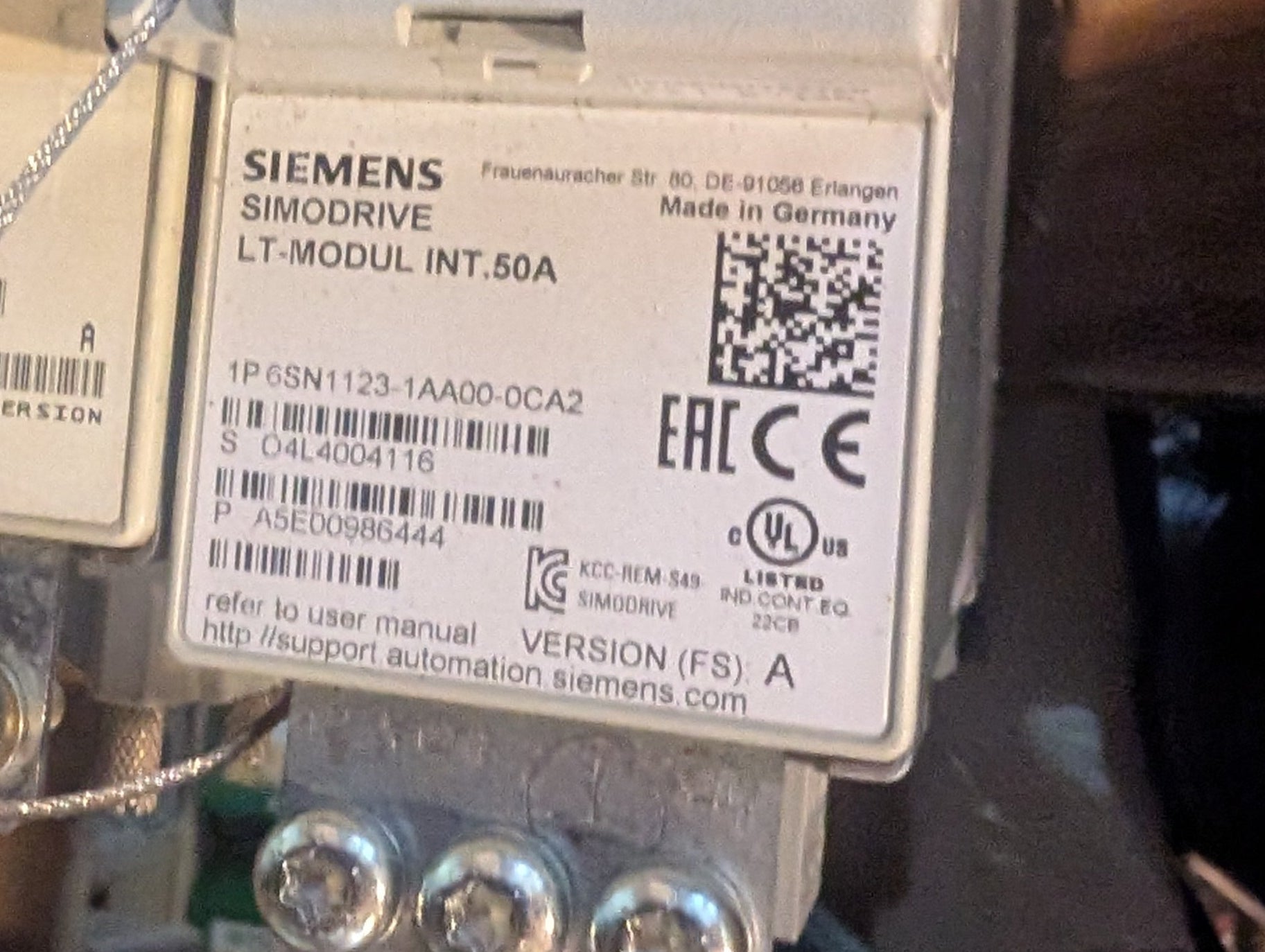 Siemens Simodrive 6SN1123-1AA00-0CA2 Ver. A LT-Modul INT 50A Used (Copy)