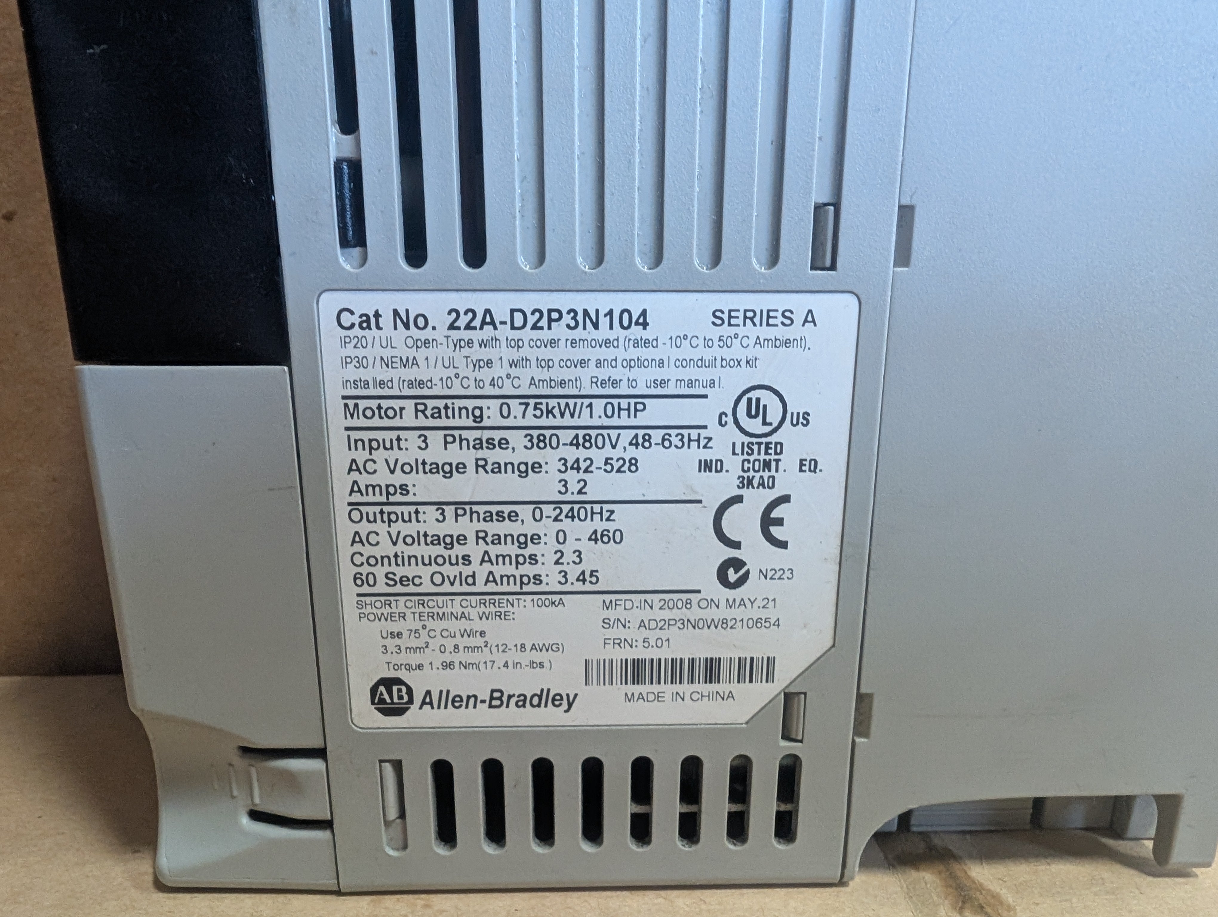 Allen Bradley 22A-D2P3N104 Series A 1 HP 480V 3PH  Used