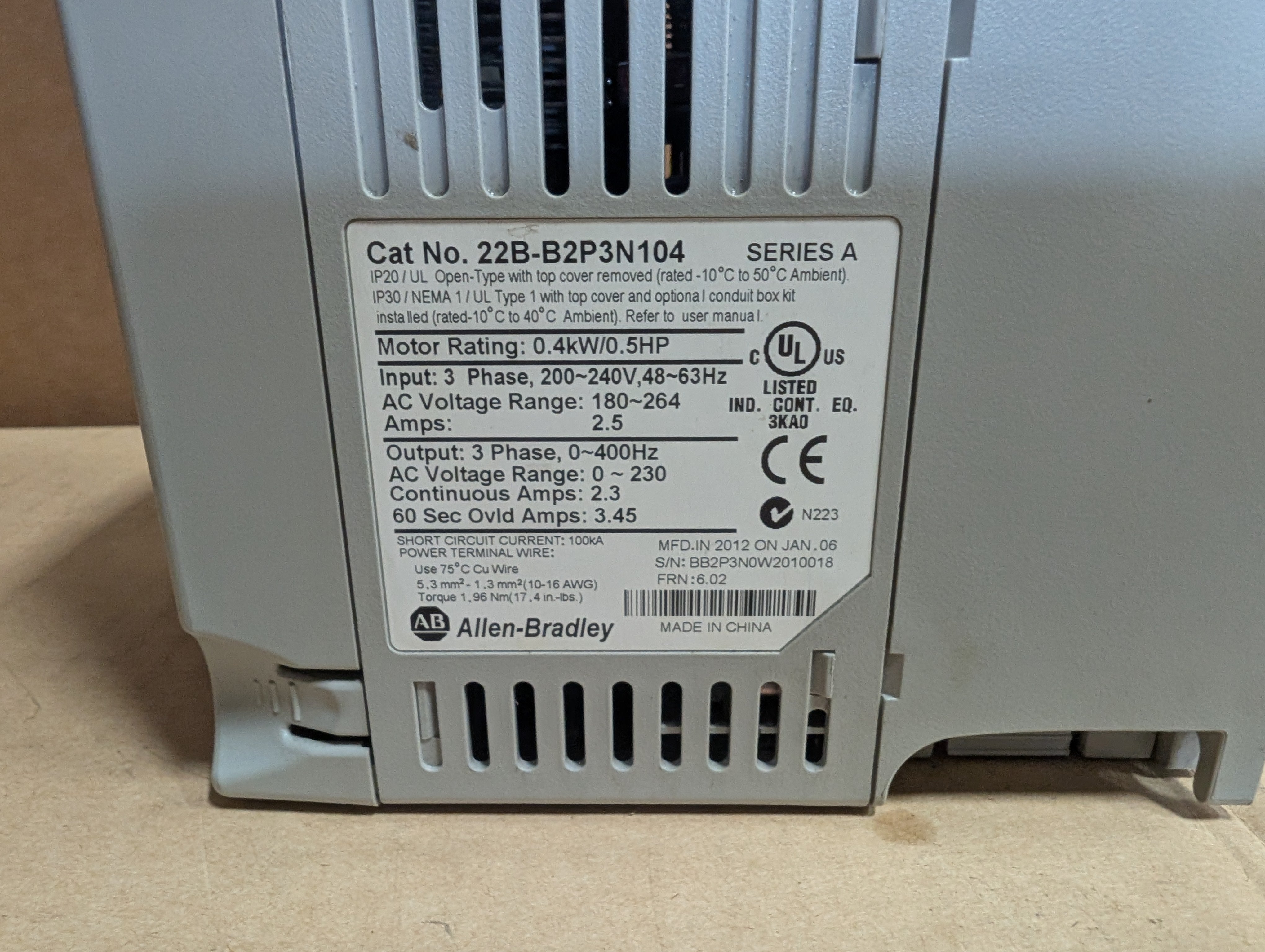 Allen Bradley 22B-B2P3N104 Series A .5 HP 240V 3PH Powerflex 40 Used