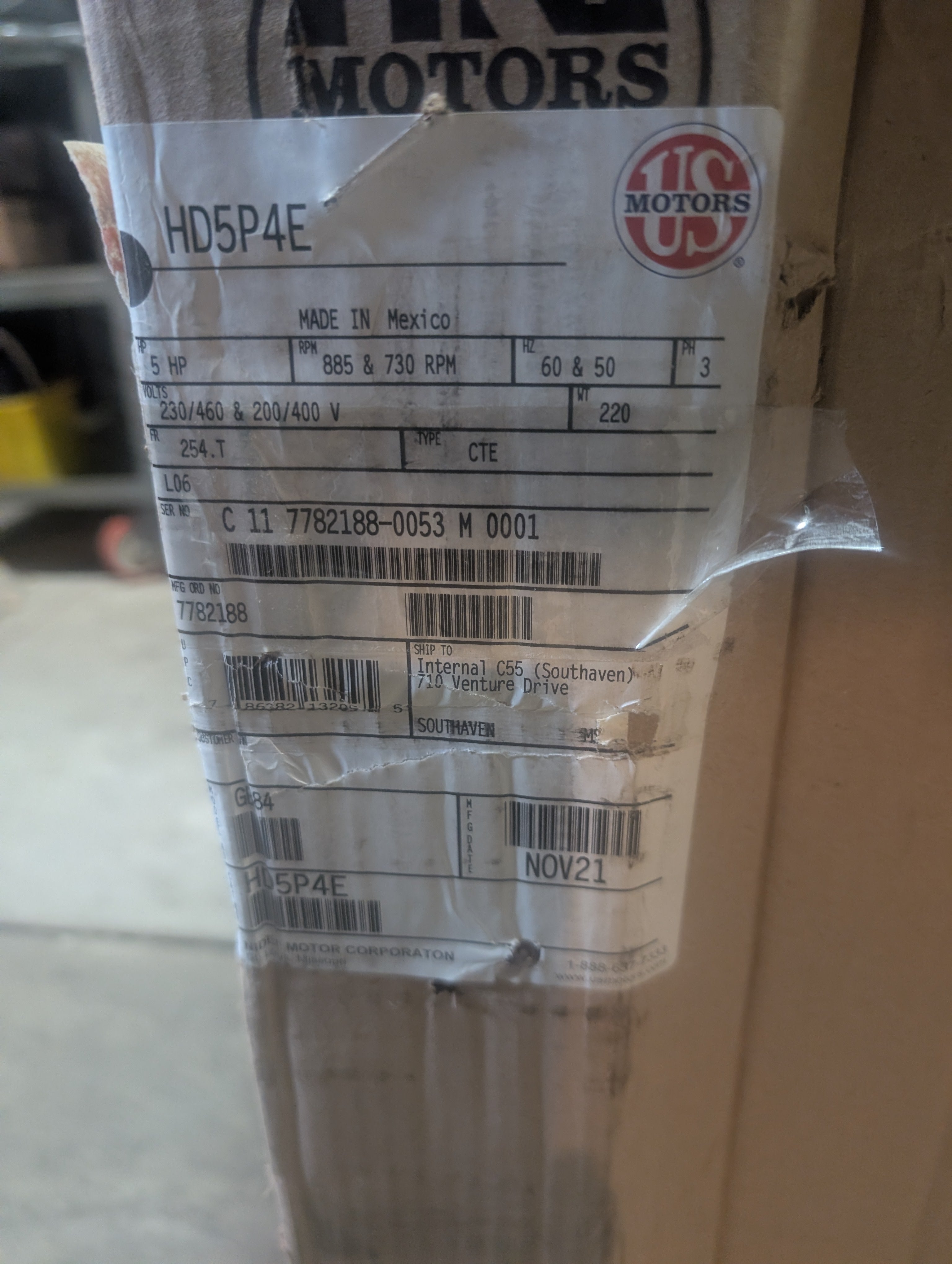 US Motors HD5P4E 5HP TEFC 885/900 RPM Frame 254T 230/460 3PH Hostile Motor New
