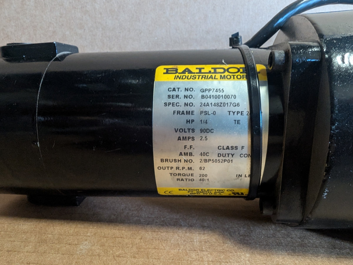 Baldor GPP7455 Gearmotor 1/4 HP 62 RPM 90VDC 40:1 Ratio 200 inlb Used
