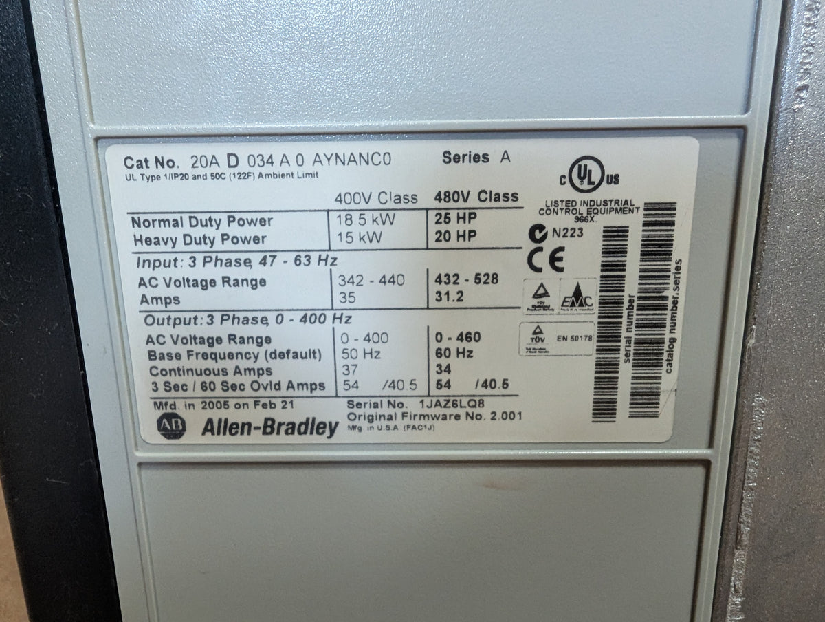 Allen Bradley 20AD034A0AYNANC0 PowerFlex 70 Ser A 25HP/20HP 480V Used
