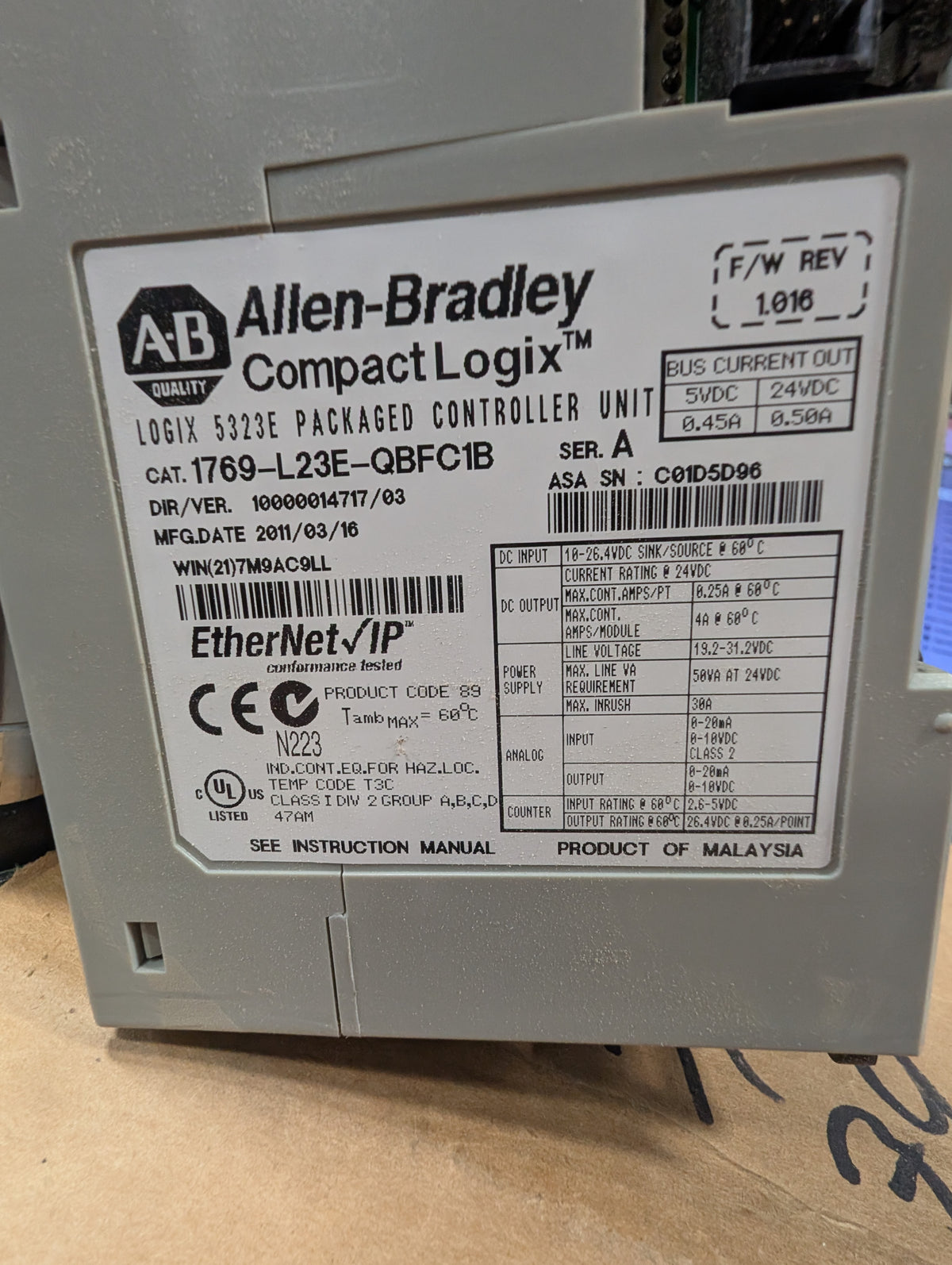 Allen Bradley 1769-L23E-QBFC1B Ser.A FW 1.016 CompactLogix L23E CPU Controller Used