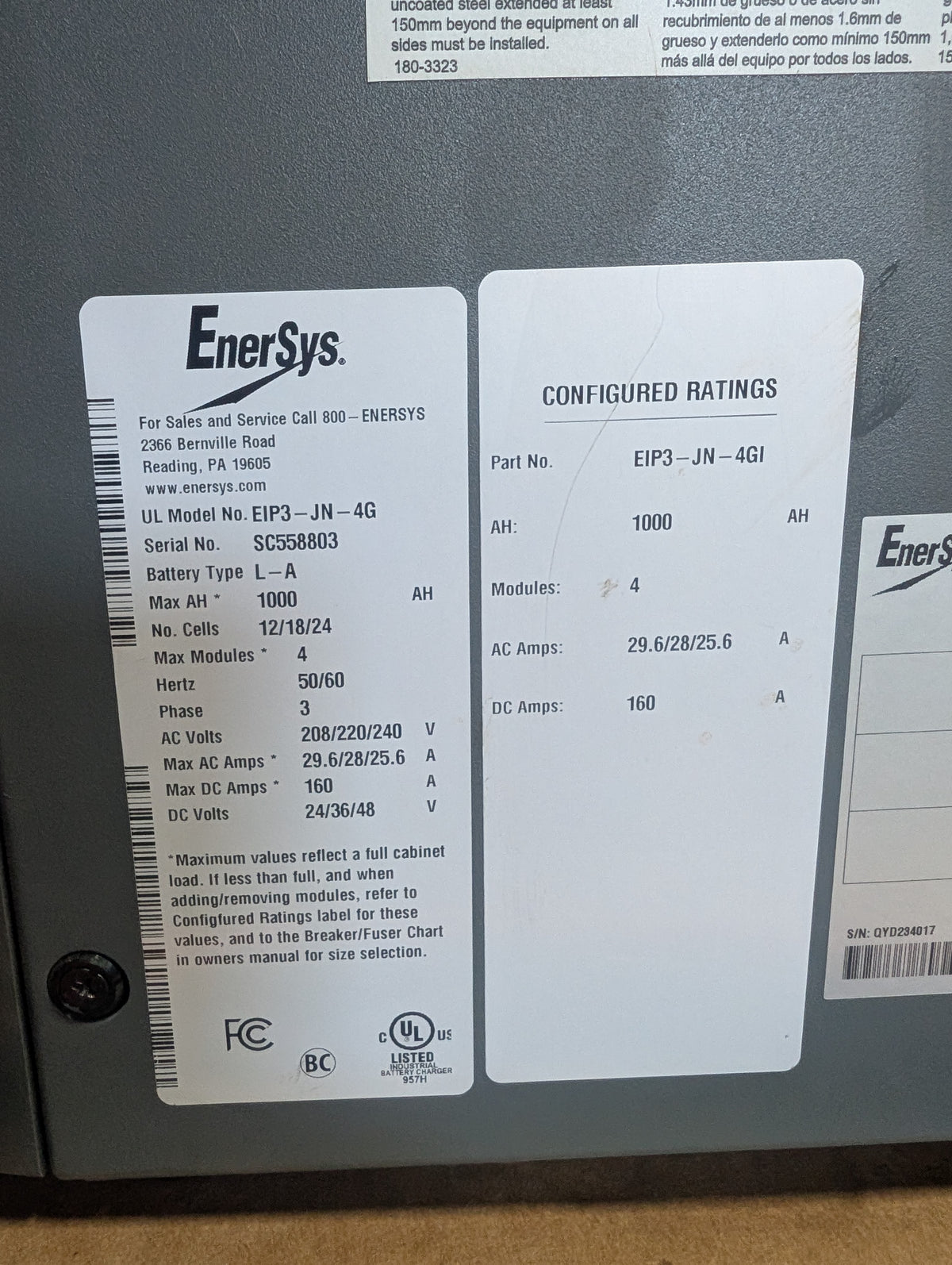 2017 EnerSys IMPAQ+ 24/36/48V Battery Charger EIP3-JN-4G 208-240 3PH 160A Unused