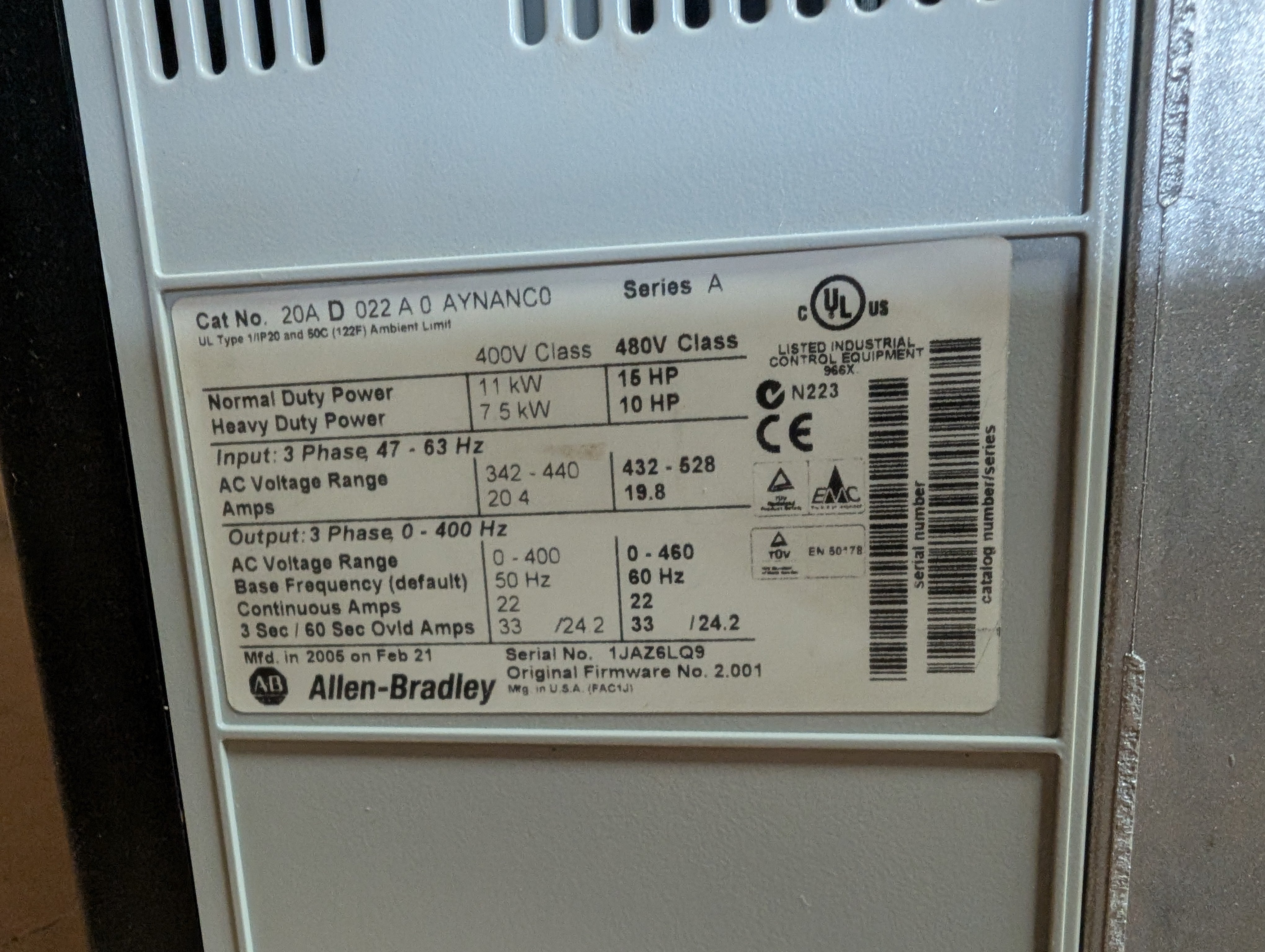Allen Bradley 20AD022A0AYNANC0 PowerFlex 70 Ser A 15HP/10HP 480V 2.001 Used