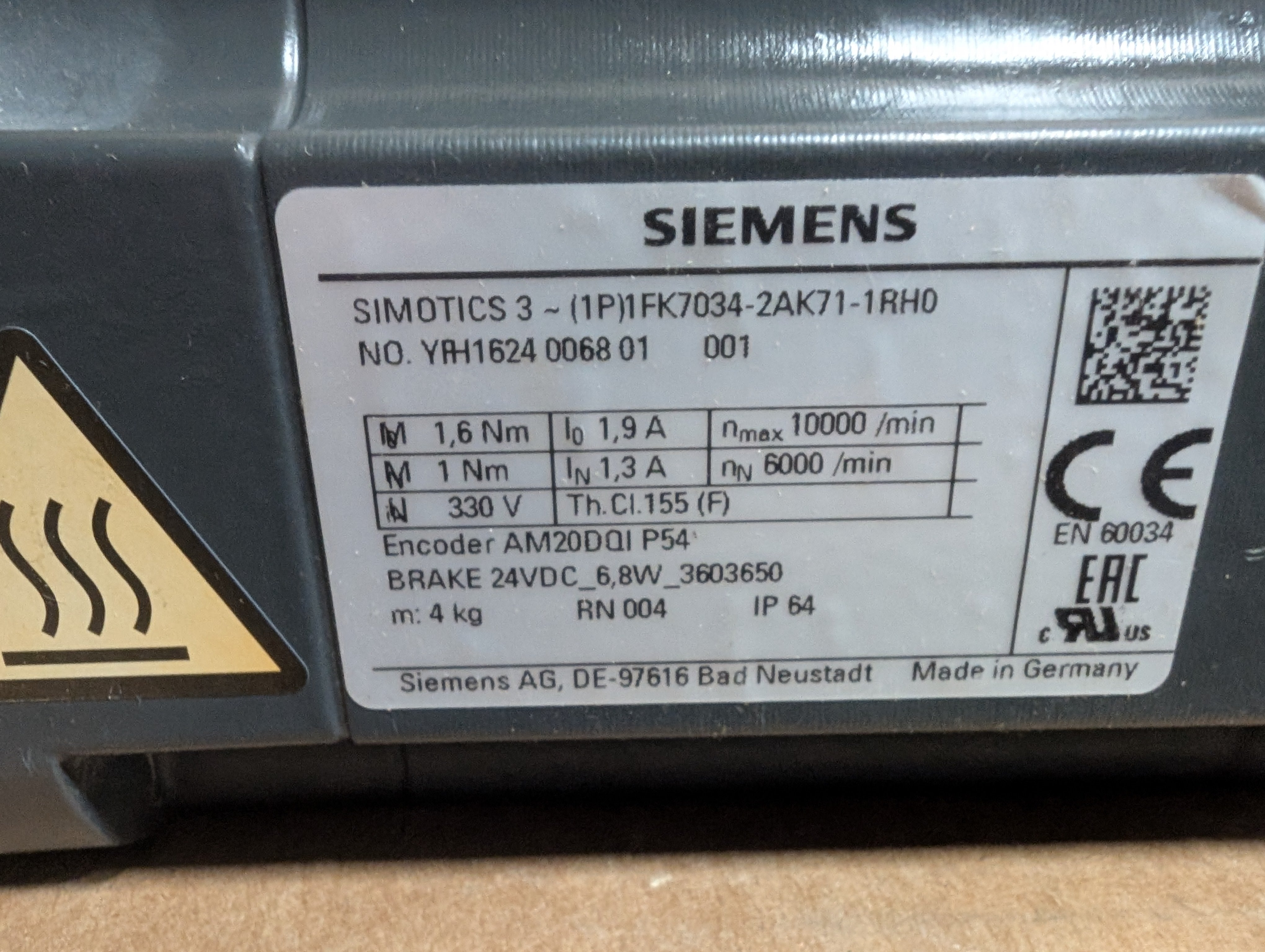 Siemens Simotics 1FK7034-2AK71-1RH0 Servo Motor Used