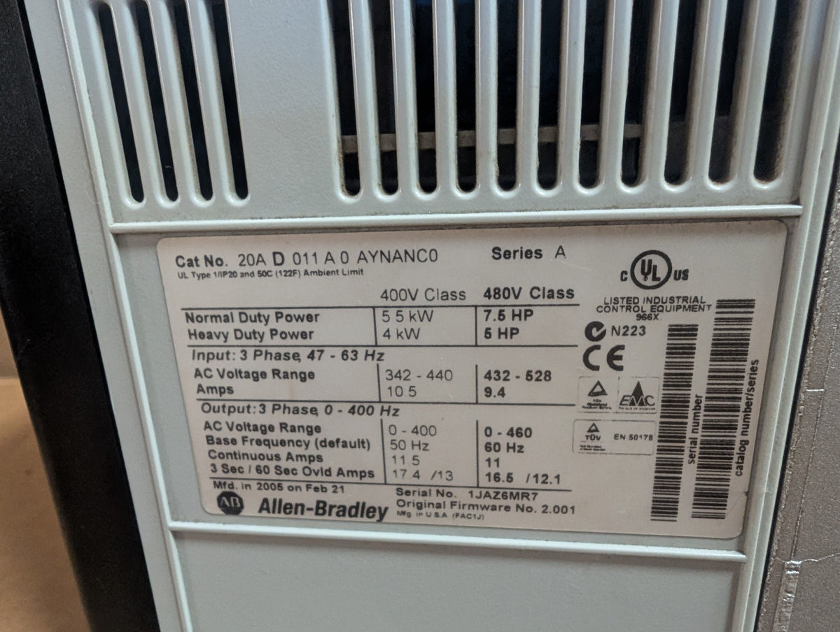 Allen Bradley 20AD011A0AYNANC0 PowerFlex 70 Ser A 7.5HP/5HP 480V 2.001 Used