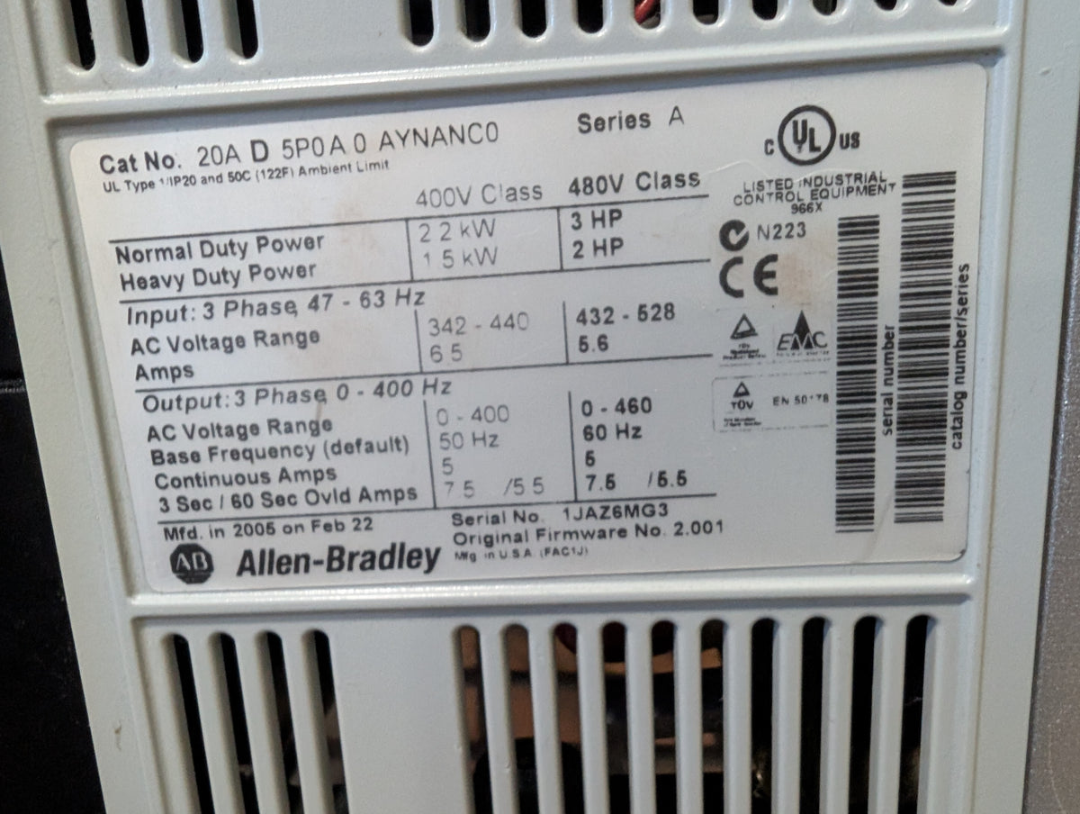 Allen Bradley 20AD5P0A0AYNANC0 PowerFlex 70 Ser A 3HP/2HP 480V 2.001 Used