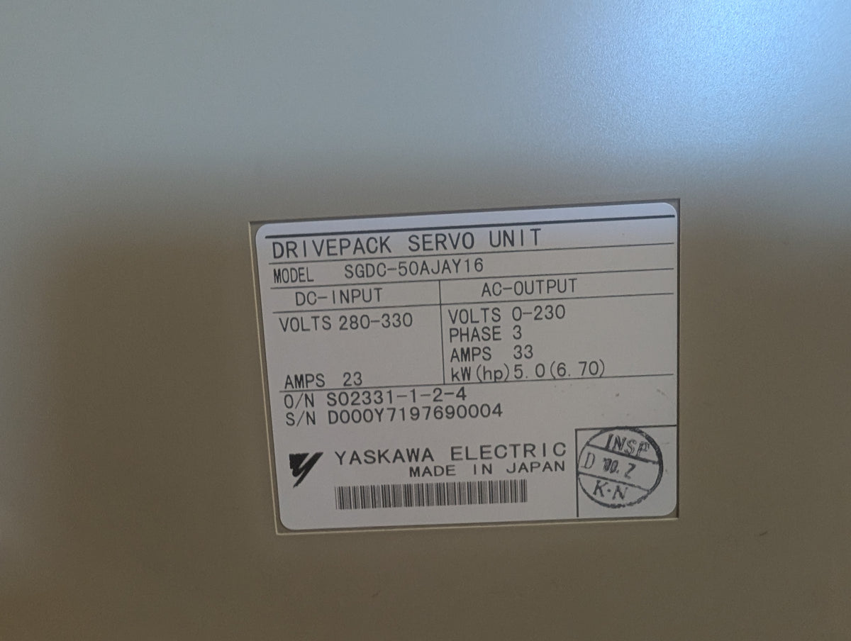 Yaskawa SGDC-50AJAY16 Drivepack Servo Unit 230V 33A 3 PH 5 kW 6.7 HP Used