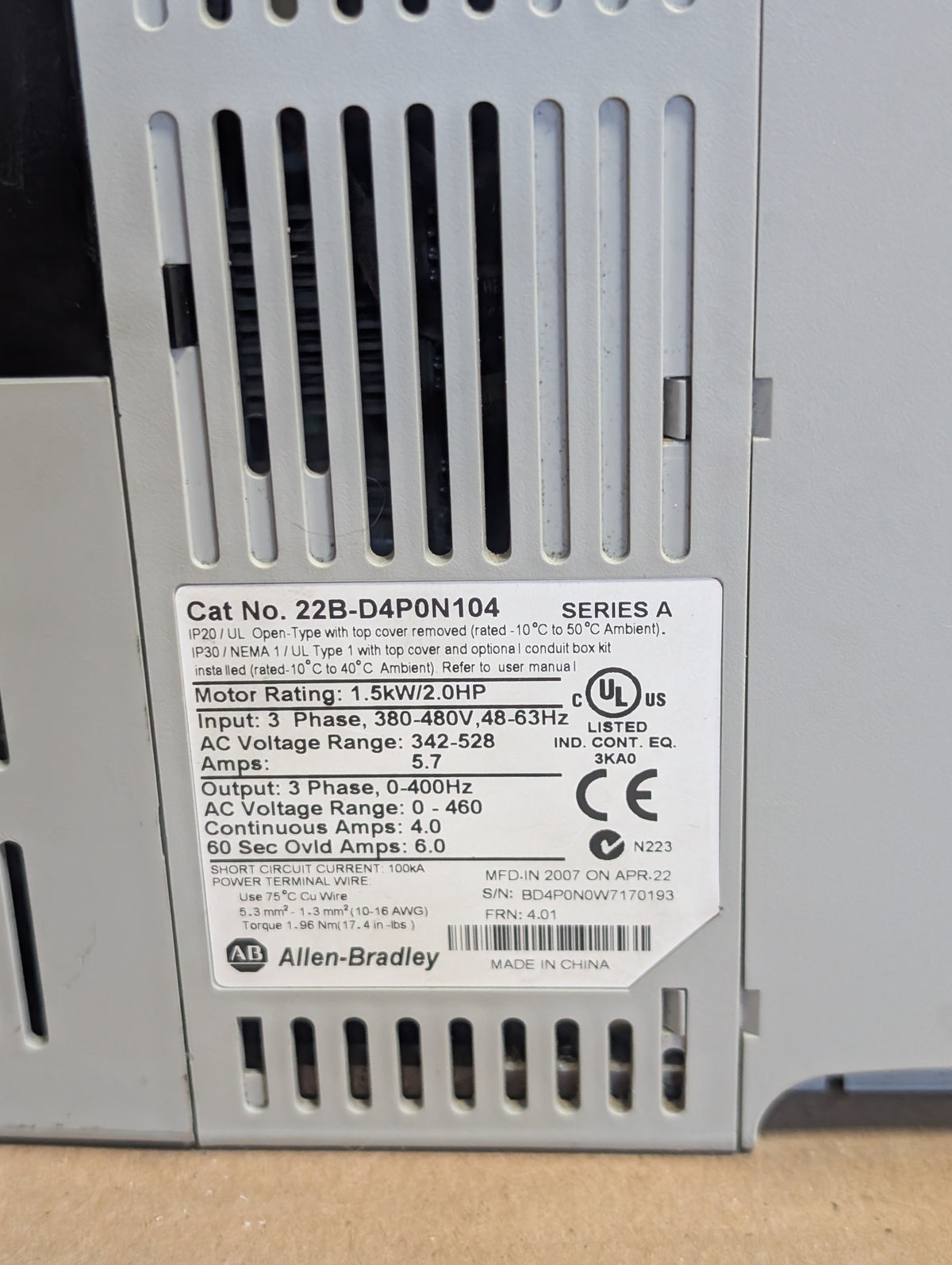 Allen Bradley 22B-D4P0N104 PowerFlex 70 Ser A 2 HP 480V 4.01 Used