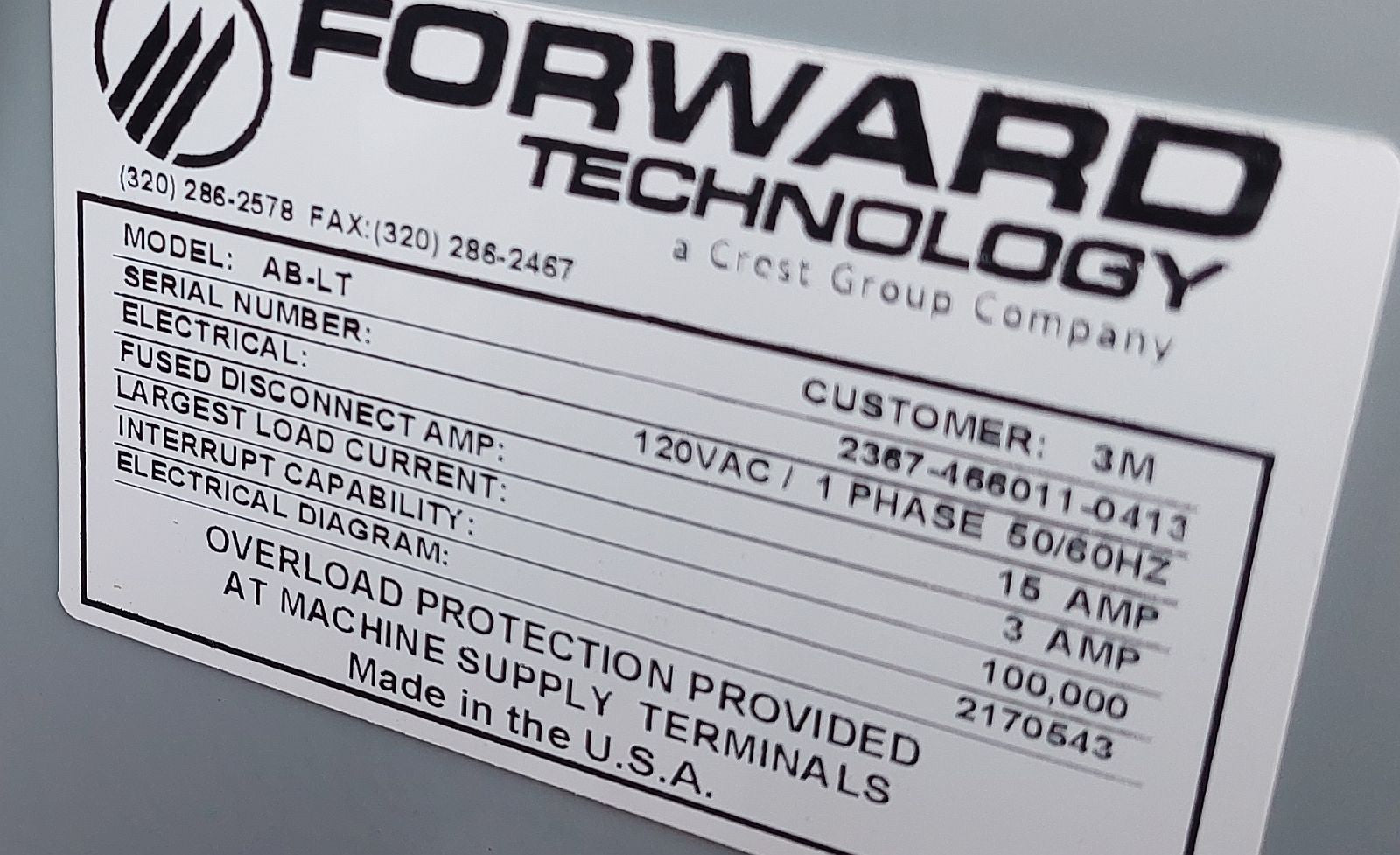 2015 Crest Forward Technology Model AB-LT Leak Tester Used