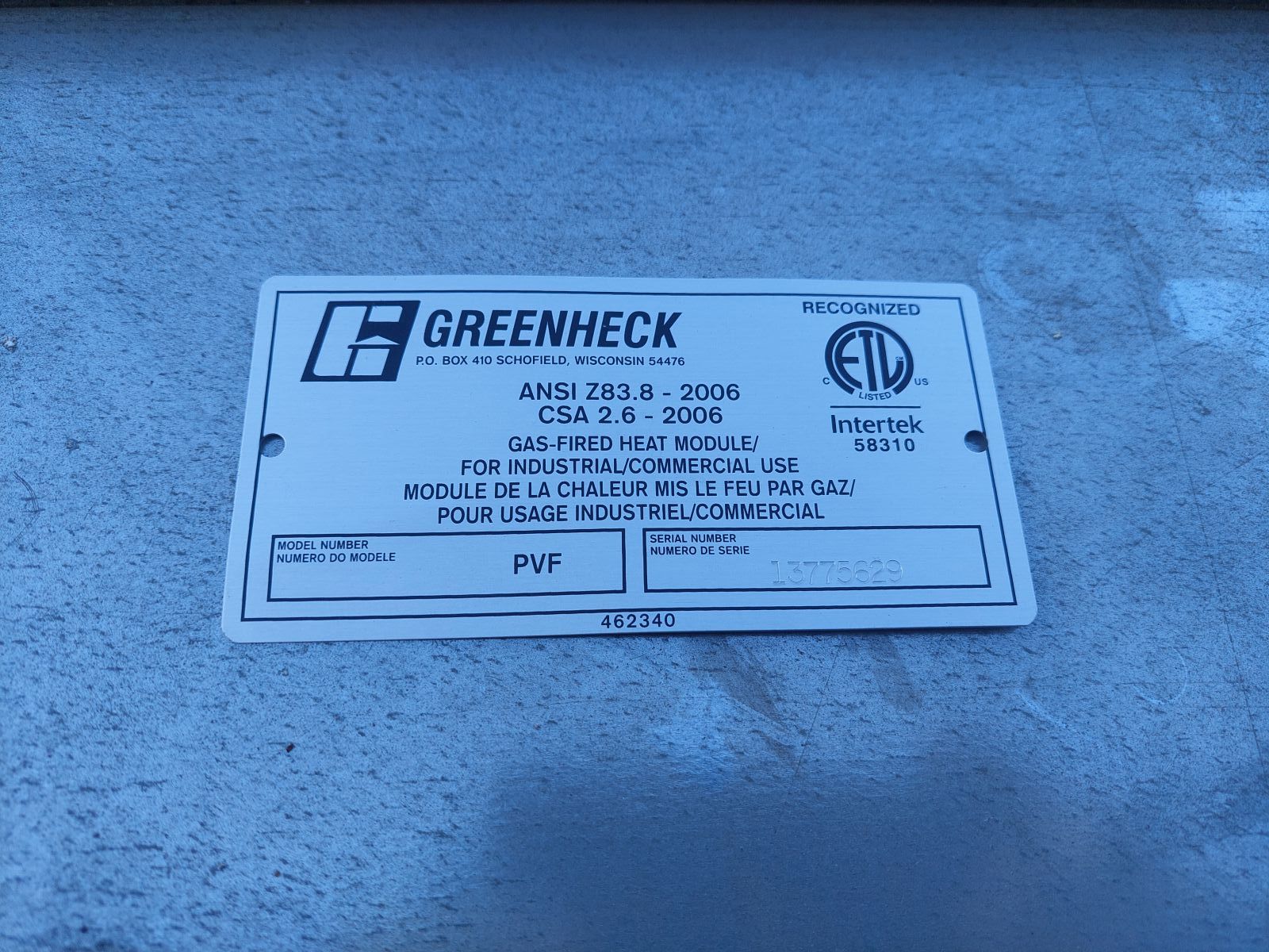 Greenheck PVF 350 Gas Furnace 350,000 btu New