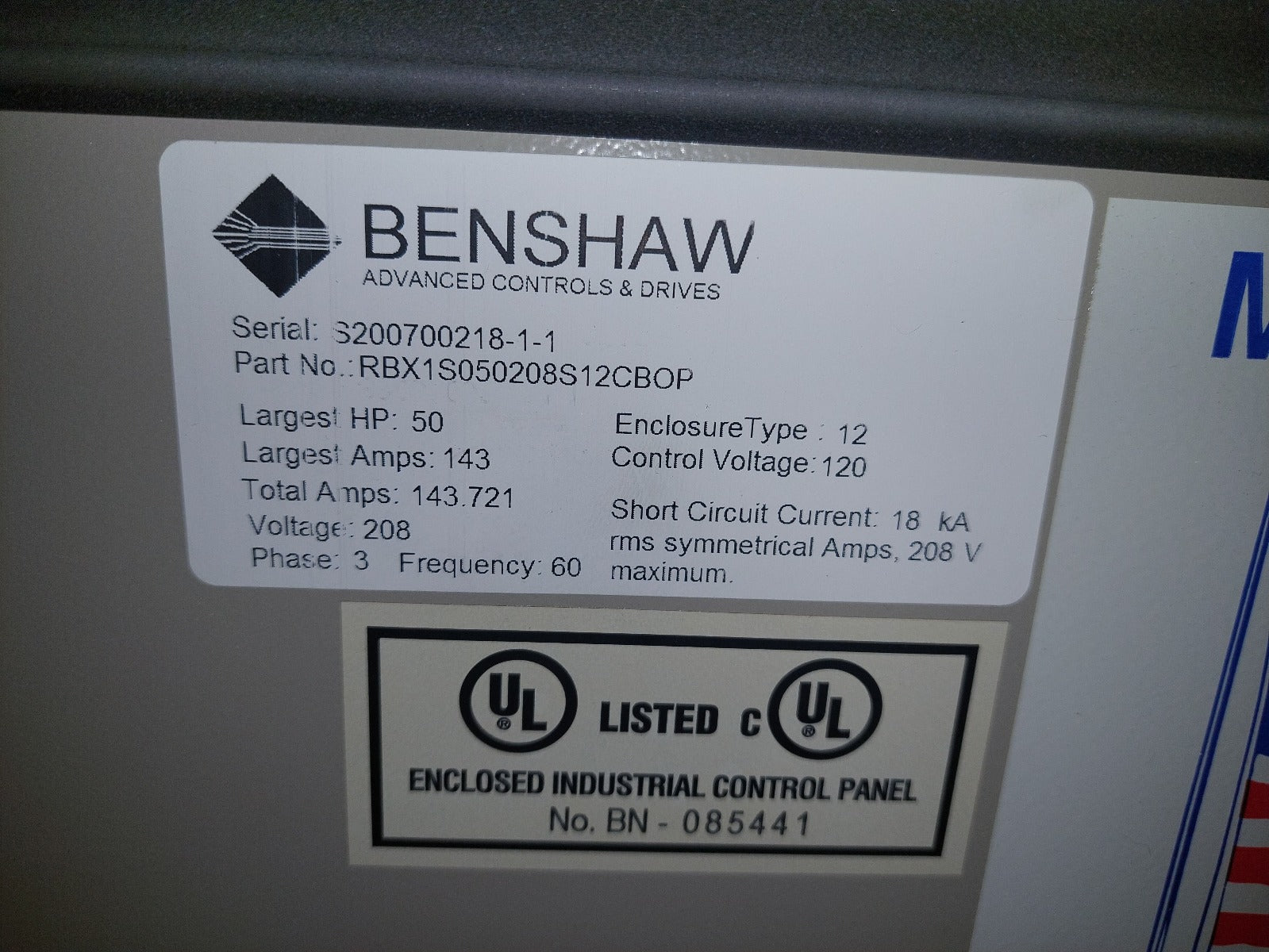 Benshaw RBX-1-S-156A-14C, 50HP Soft Starter S200700218-1-1, 208V, 143A Used