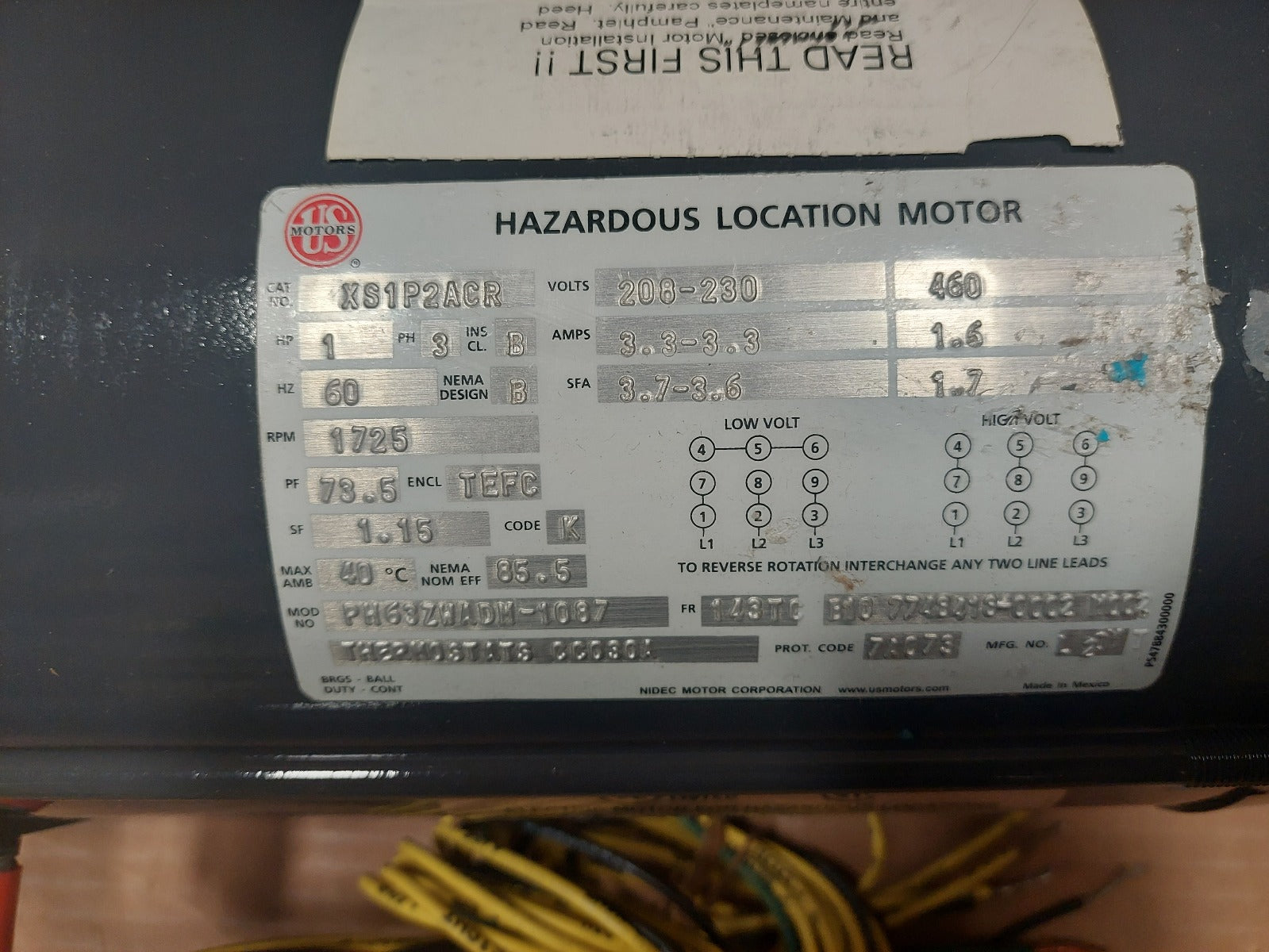 US Motors XS1P2ACR 1HP Hazardous Location Motor 208-230/460 3 PH 143TC  1725 RPM New