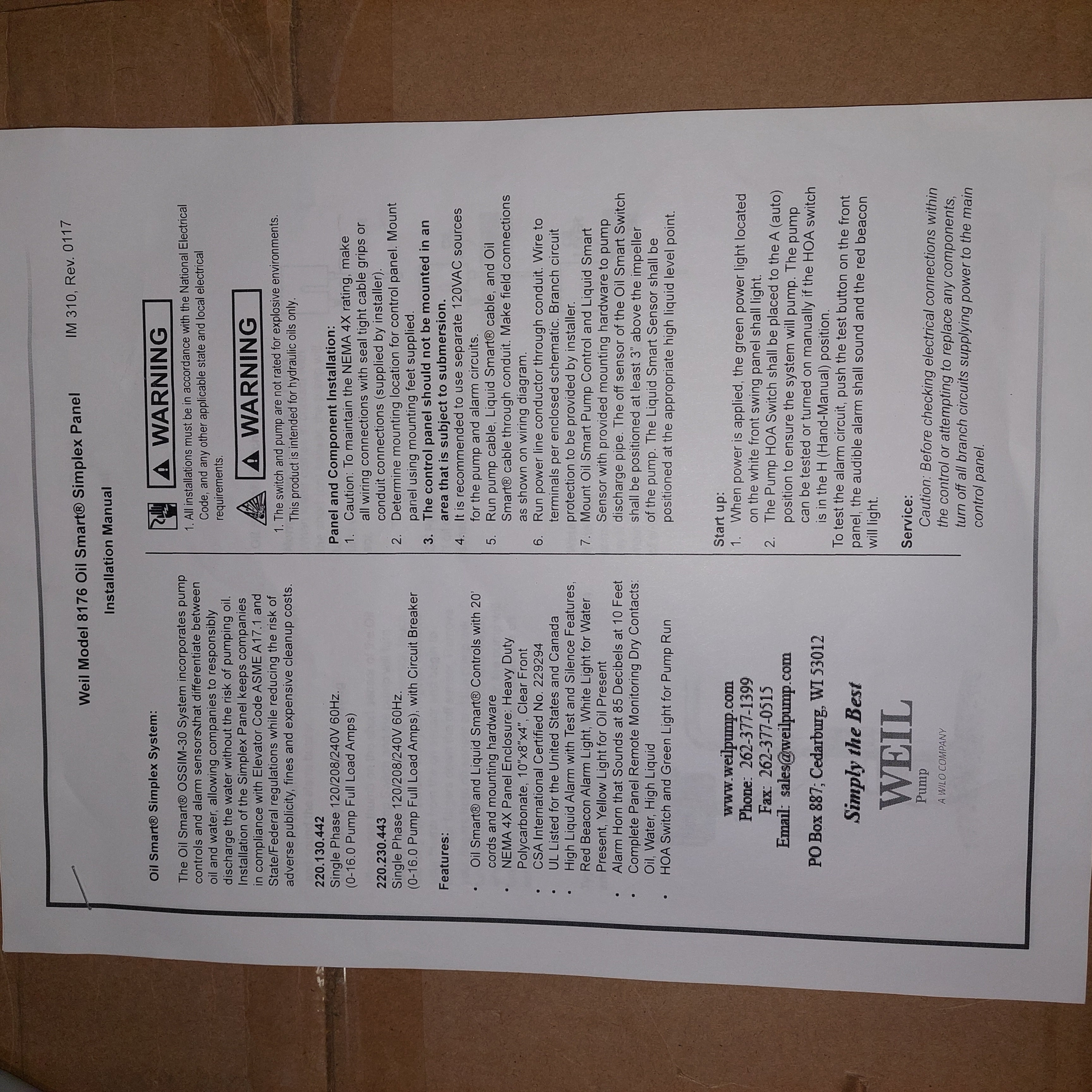 Weil 220.130.442 Oil Smart Simplex OSSIM-30 Pump Control Sensors 115-230V New