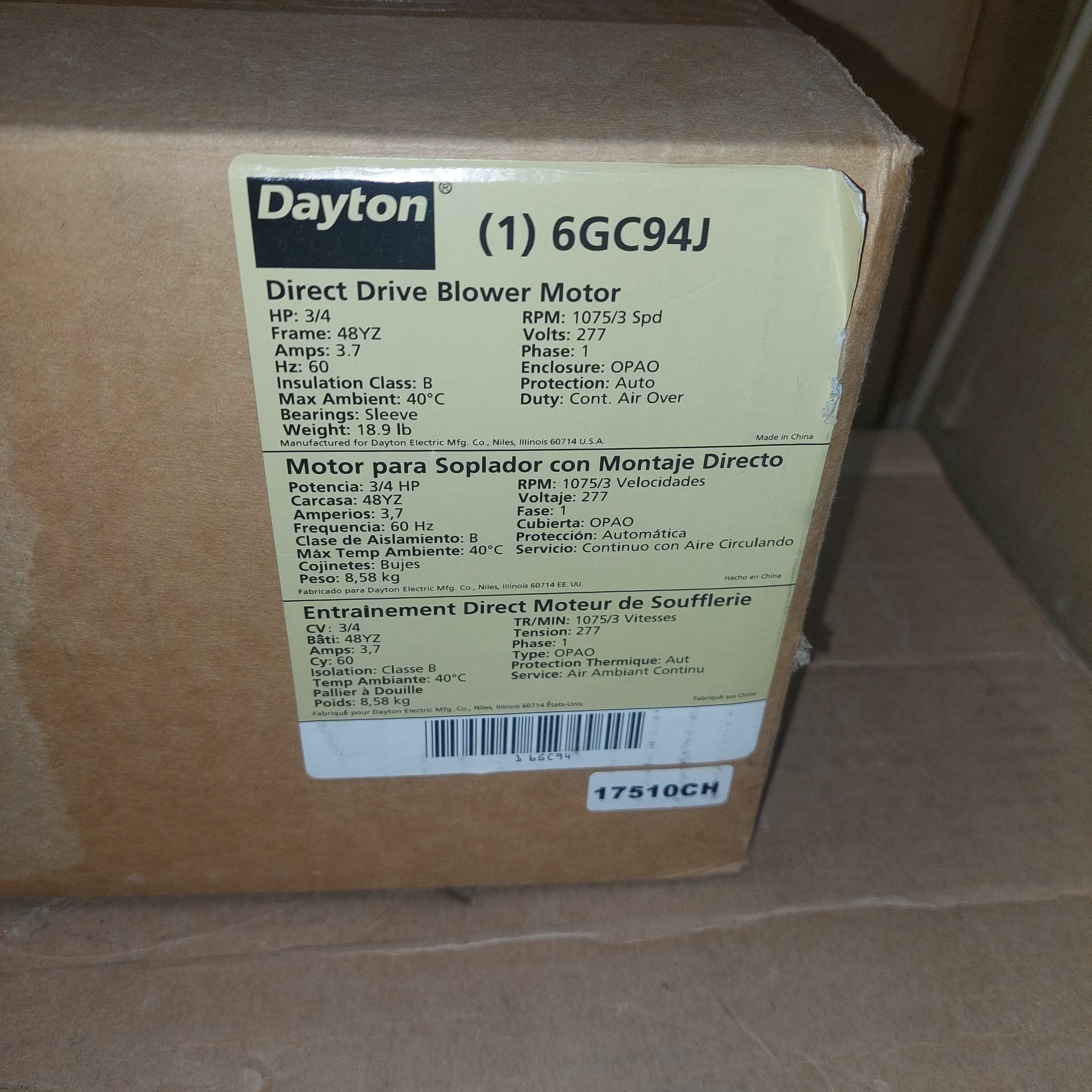 Dayton 6GC94J Direct Drive Blower Motor 3/4HP 277V 1PH 1075 3 Spd New