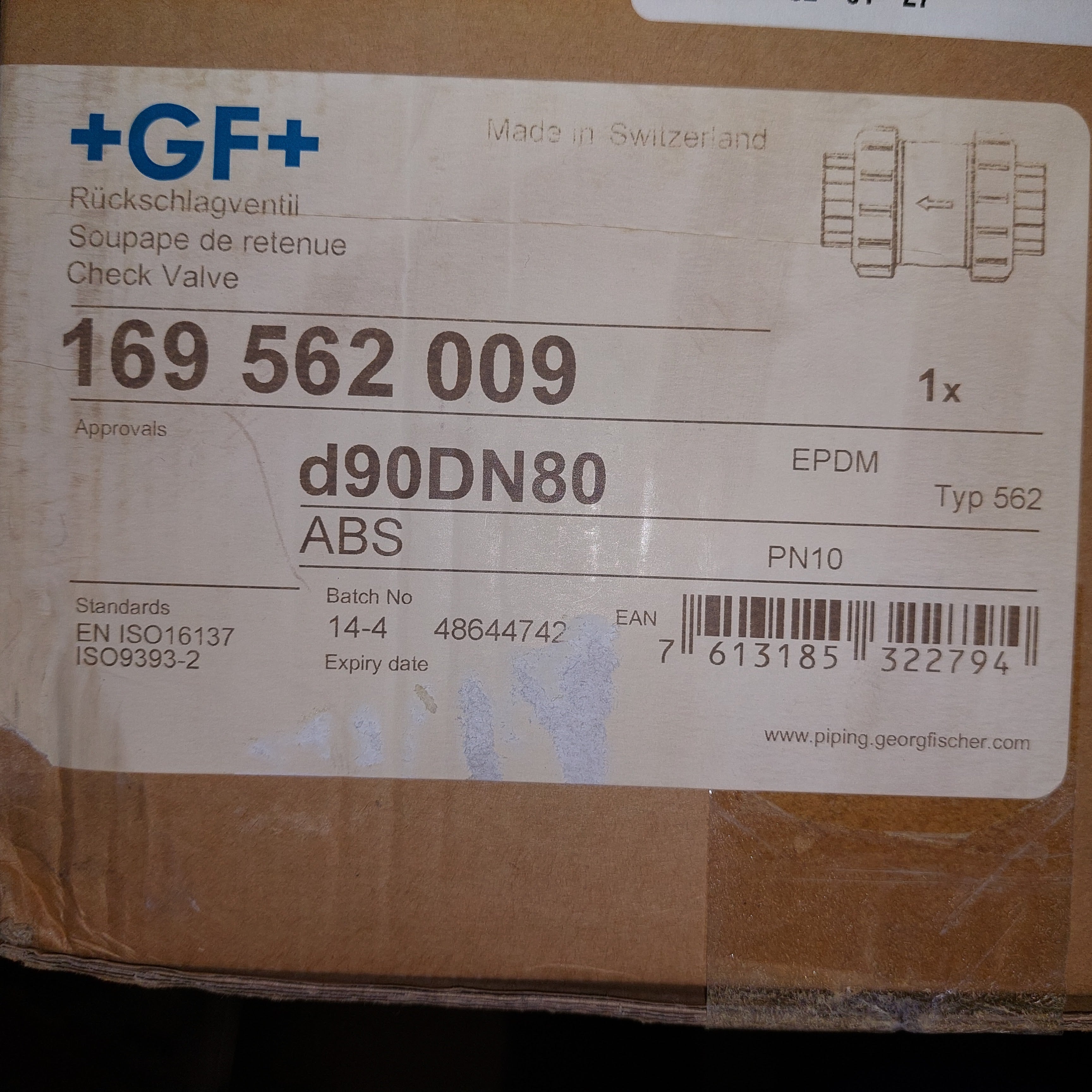 +GF+ Georg Fischer 169.562.009 DN80 Cone Check Valve ABS EPDM New