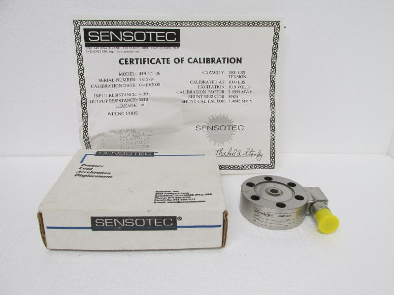 Sensotec Load Cell 41/0571-06, 1000 lbs, Calibration Cert. 10V New Old Stock