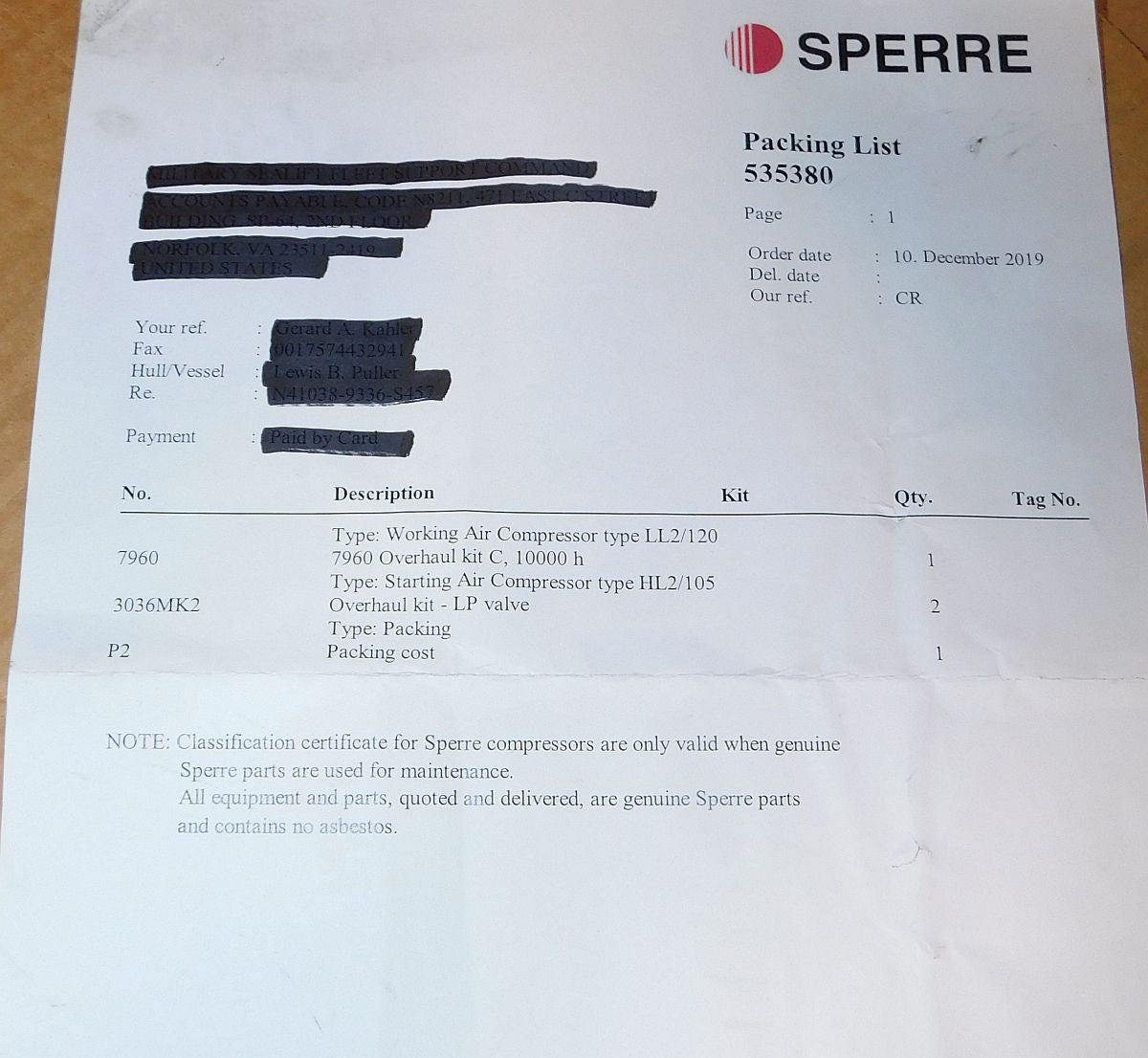 Sperre 7960 Air Compressor Type LL2/120 Overhaul Kit 10,000 Hour New