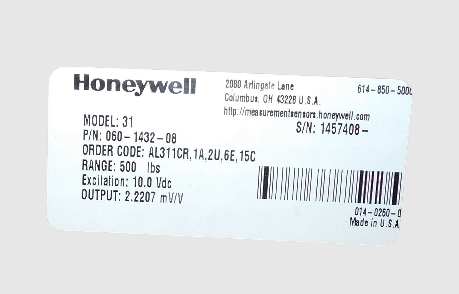 Honeywell Model 31 Part: 060-1432-08 500lb Miniature Load Cell New
