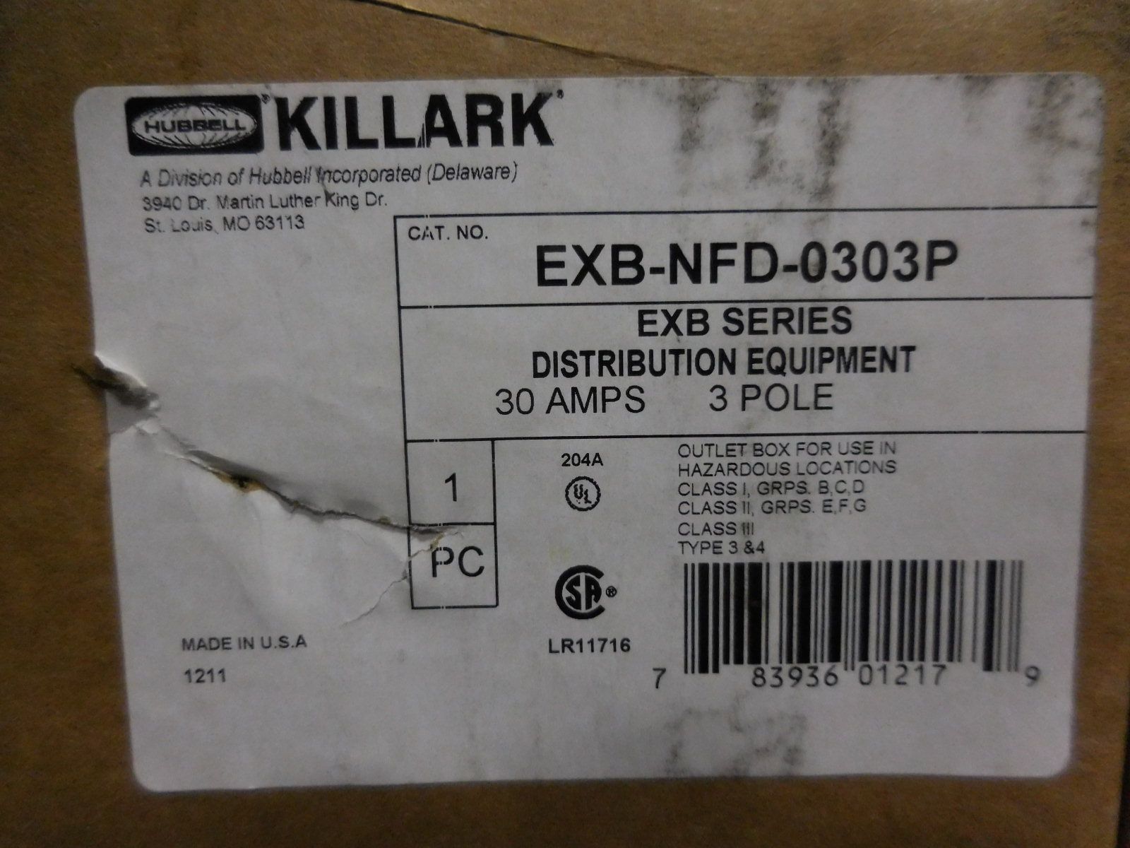 Hubbell Killark EXB-NFD-0303P 30A 3 Pole Disconnect Switch Non-Fusible New